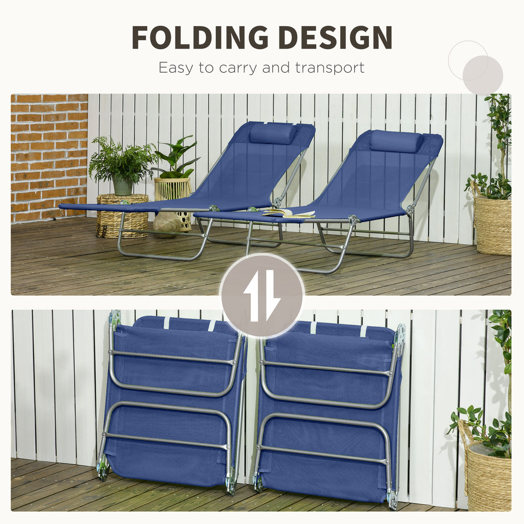 Set of 2 Folding Chaise Lounge Chairs, Outdoor Poolside Sun Tanning Chairs w/ Pillow, Reclining Backrest, Dark Blue