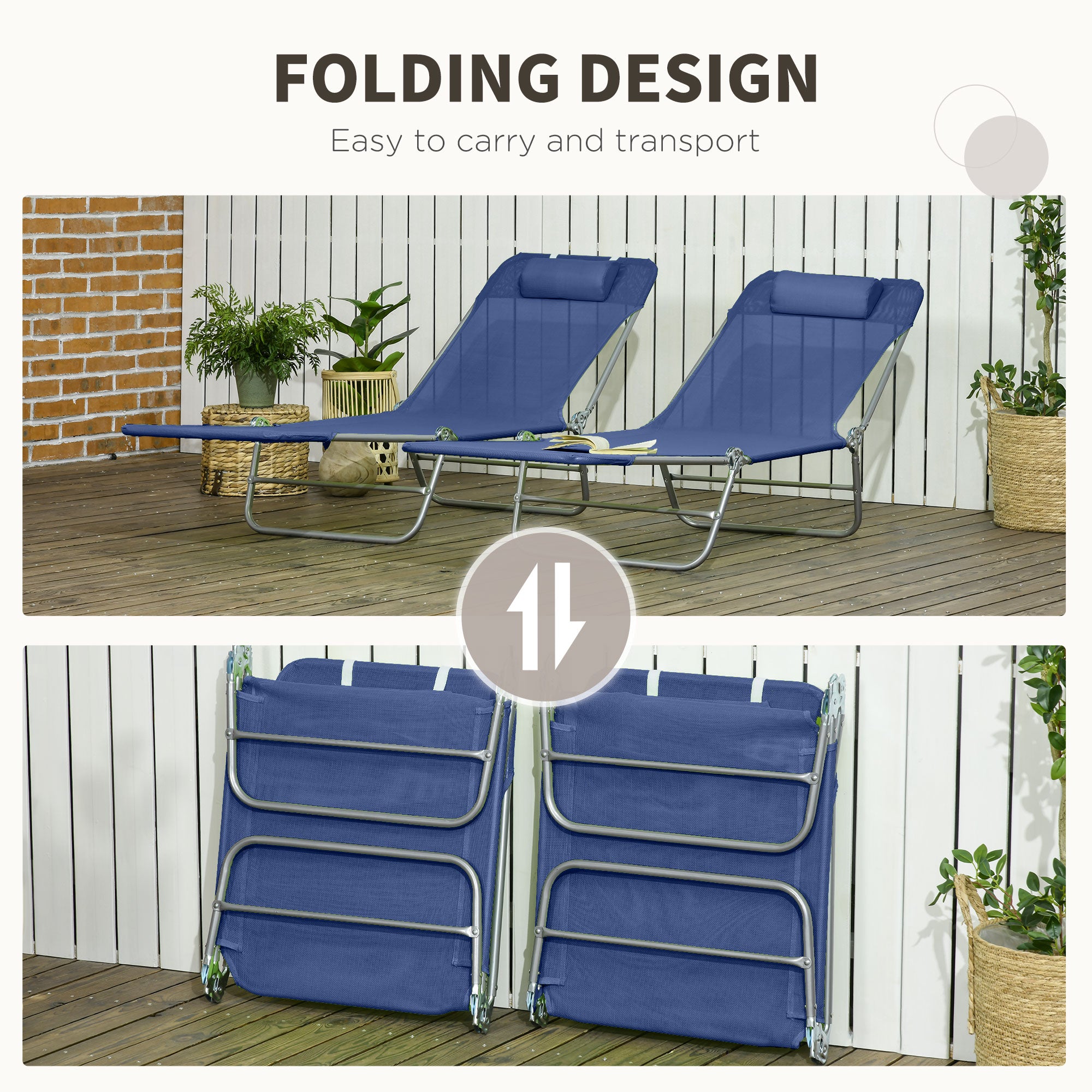 Set of 2 Folding Chaise Lounge Chairs, Outdoor Poolside Sun Tanning Chairs w/ Pillow, Reclining Backrest, Dark Blue