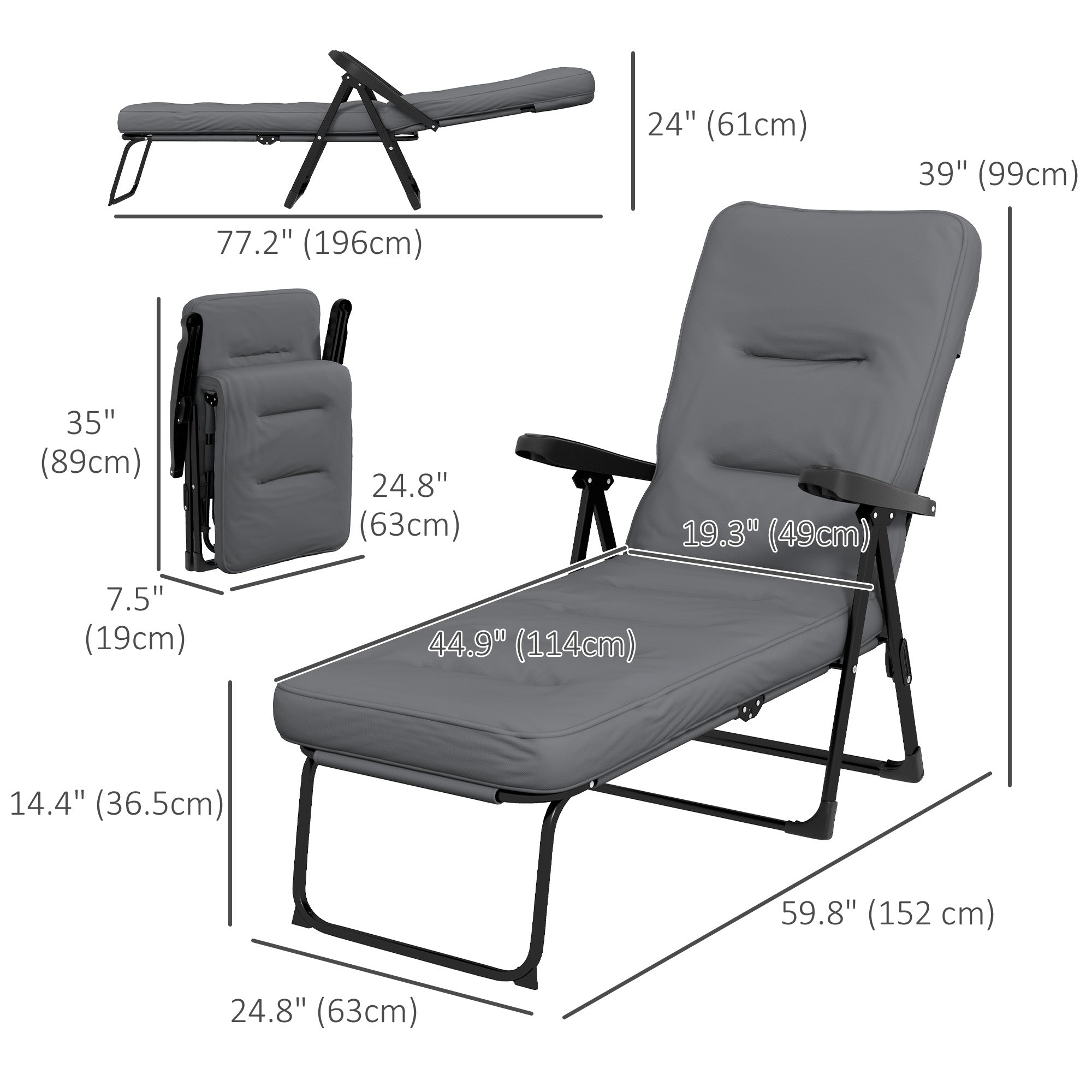 Outdoor Lounge Chair with Padded Cushion, Folding Reclining Patio Garden Chair with Recline Back, Footrest, for Poolside, Patio, Light Grey