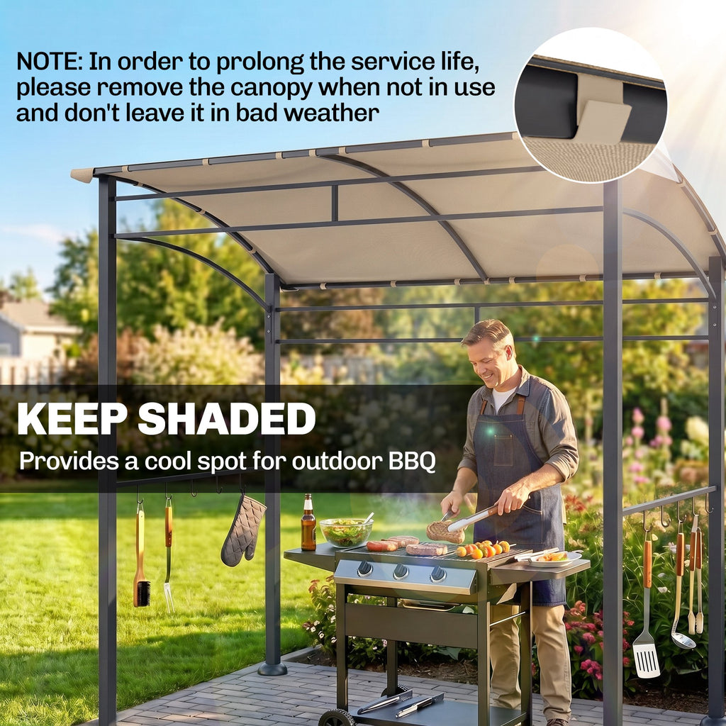 7' x 5' BBQ Grill Gazebo Tent, Garden Grill Canopy with Steel Frame and Hooks, Outdoor Sun Shade, Khaki
