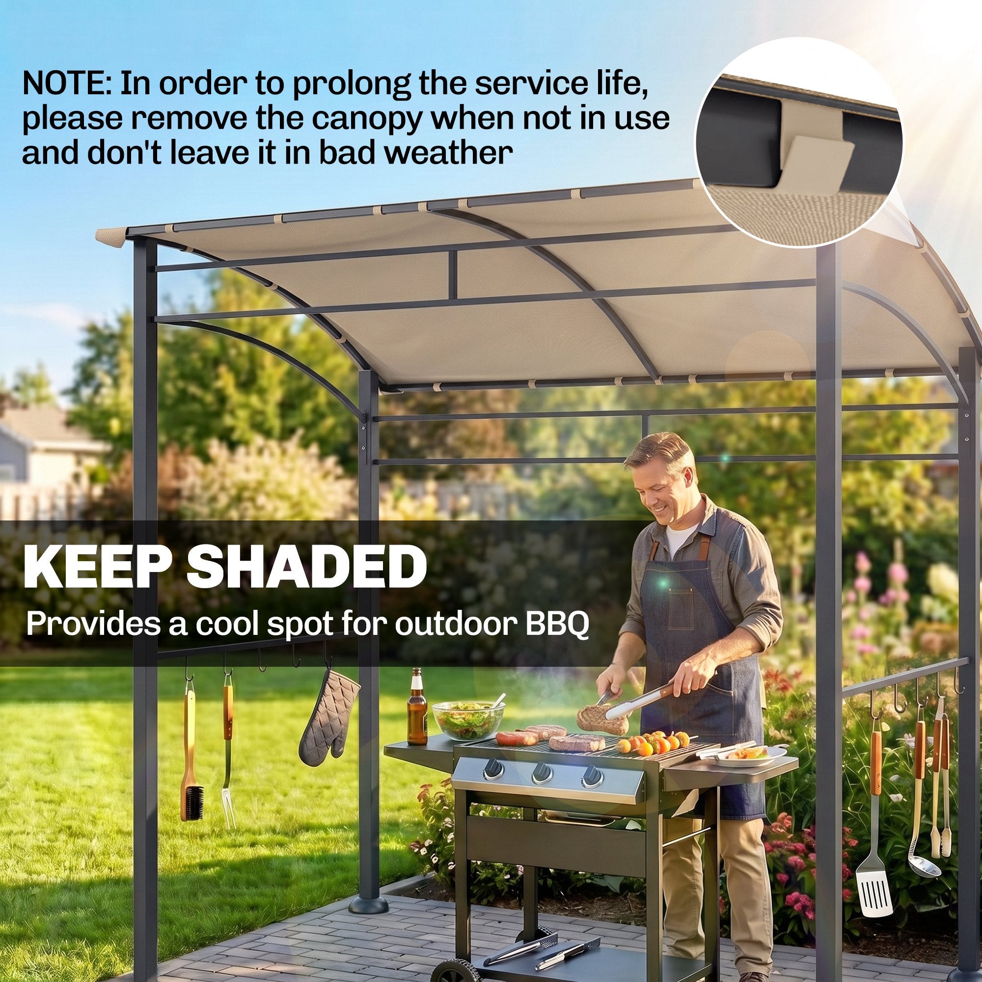 7' x 5' BBQ Grill Gazebo Tent, Garden Grill Canopy with Steel Frame and Hooks, Outdoor Sun Shade, Khaki