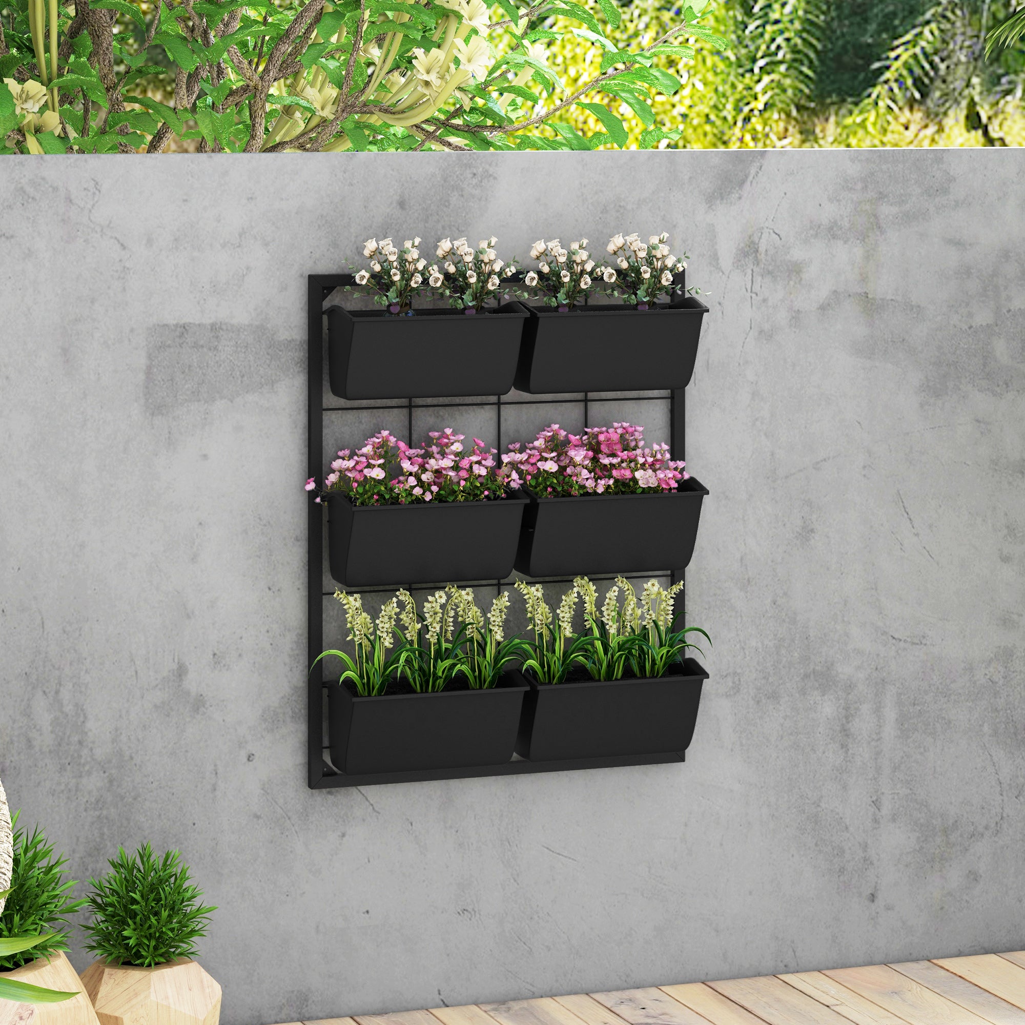 3-Tier Wall Planter with 6 Pots for Indoor and Outdoor Use, Hanging Plant Holder, Self Draining Wall Mounted Planter