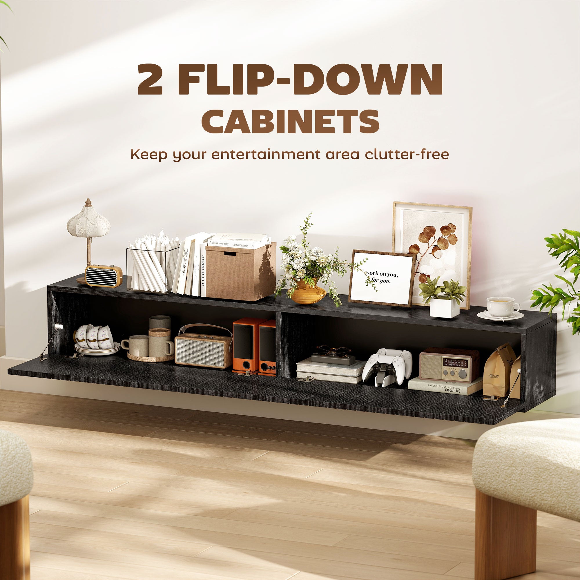55" Floating TV Stand for TVs up to 72 Inch, Wall Mount Media Console with 2 Fluted Flip-Down Doors, Cable Hole, Black