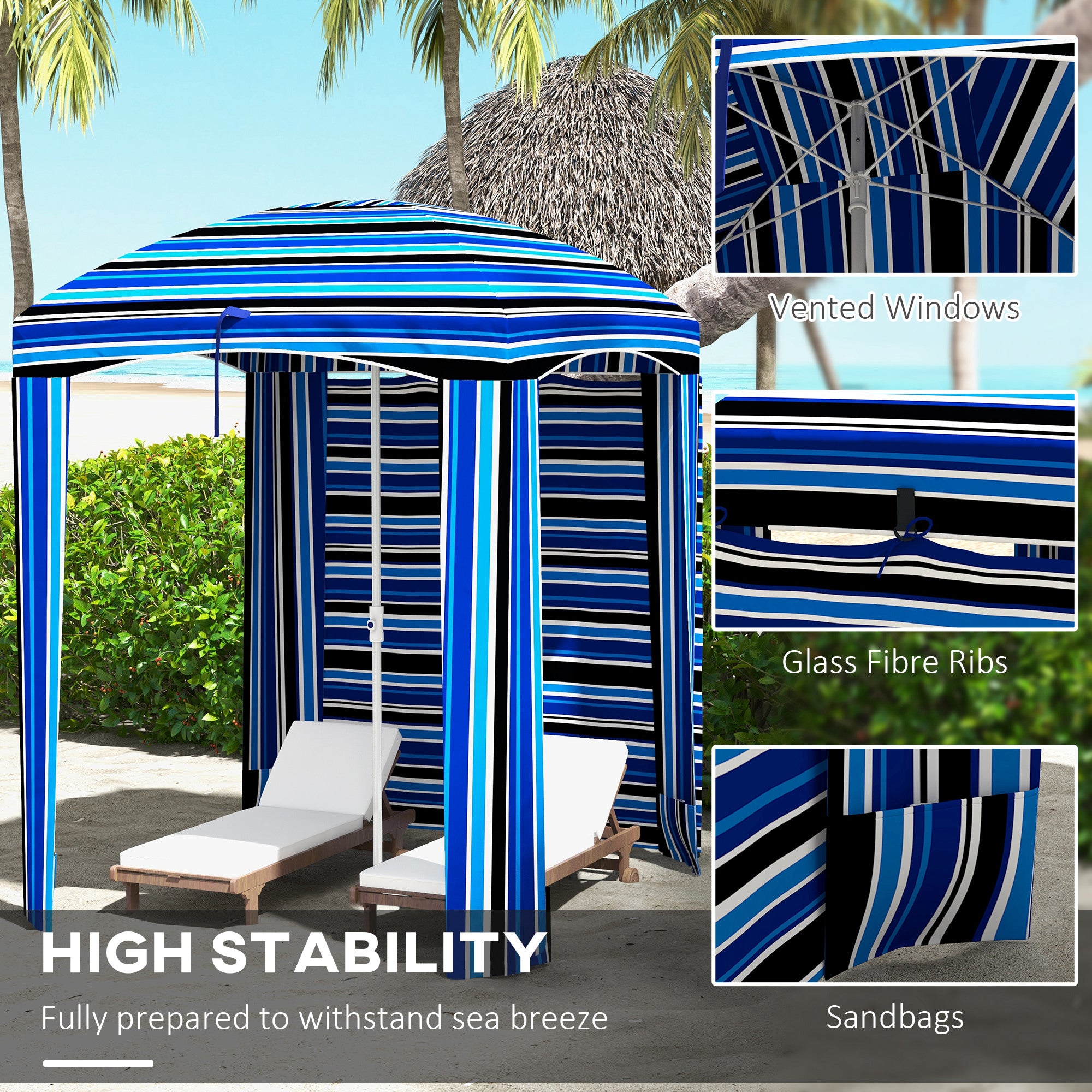 70.1" L x 70.1" W Cabana Umbrella with Walls, Vents, Ruffles, Carry Bag, Beach Umbrella, Blue Stripe