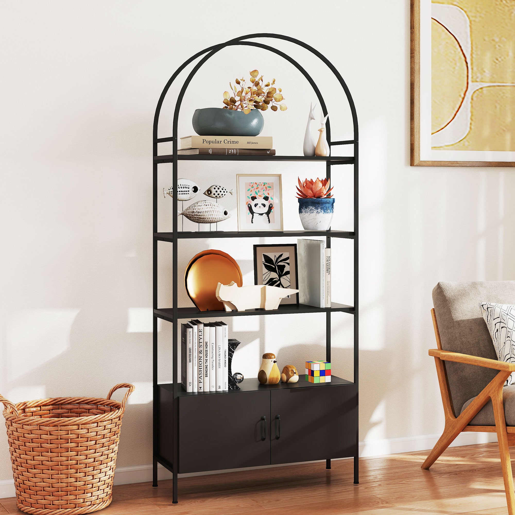 4-Tier Arched Shelving Unit with Cabinet, Bookshelf for Living Room, Office, 31.5" x 11.8" x 73.6", Black