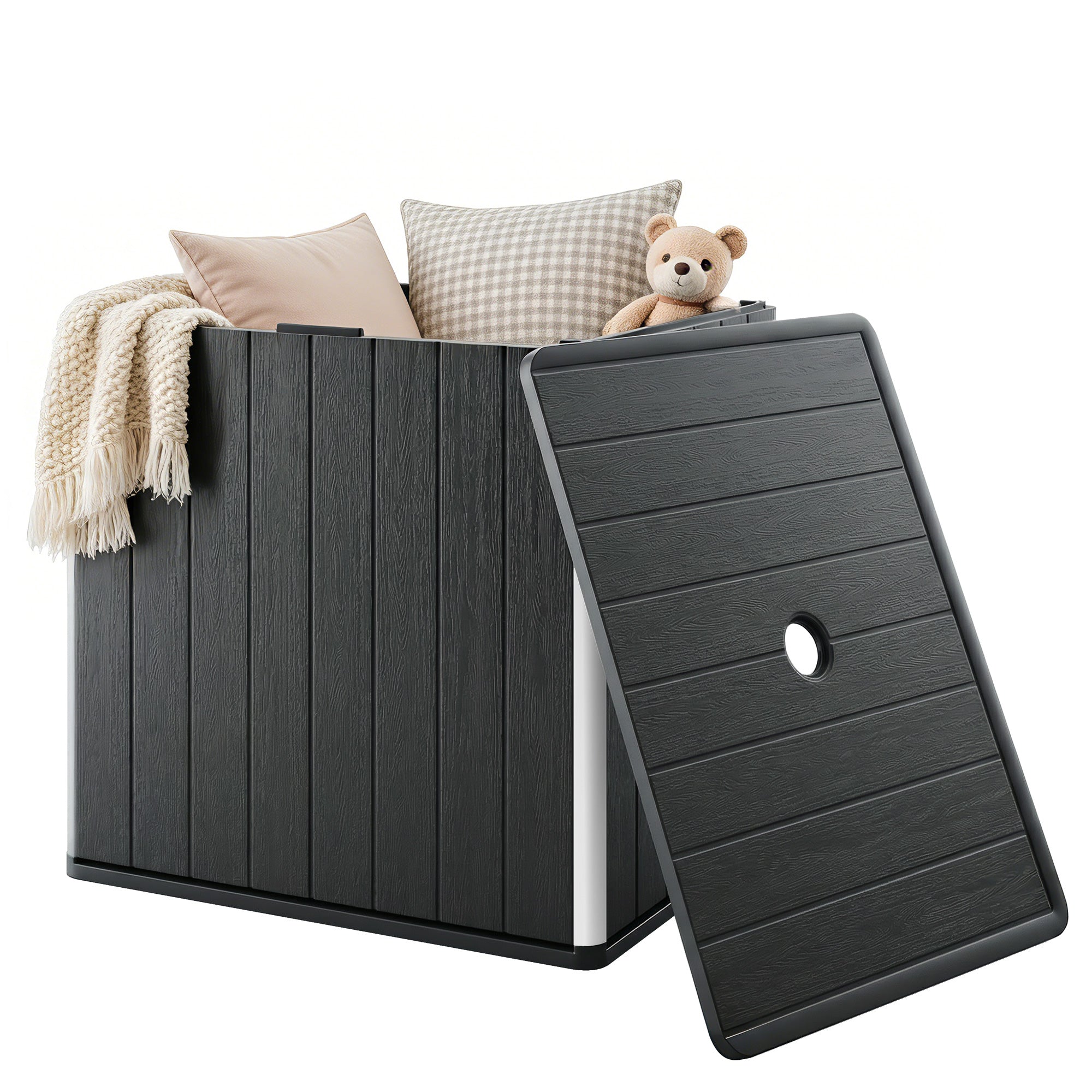 30 Gallon Storage Box, Outdoor Side Table with Umbrella Holder, Black