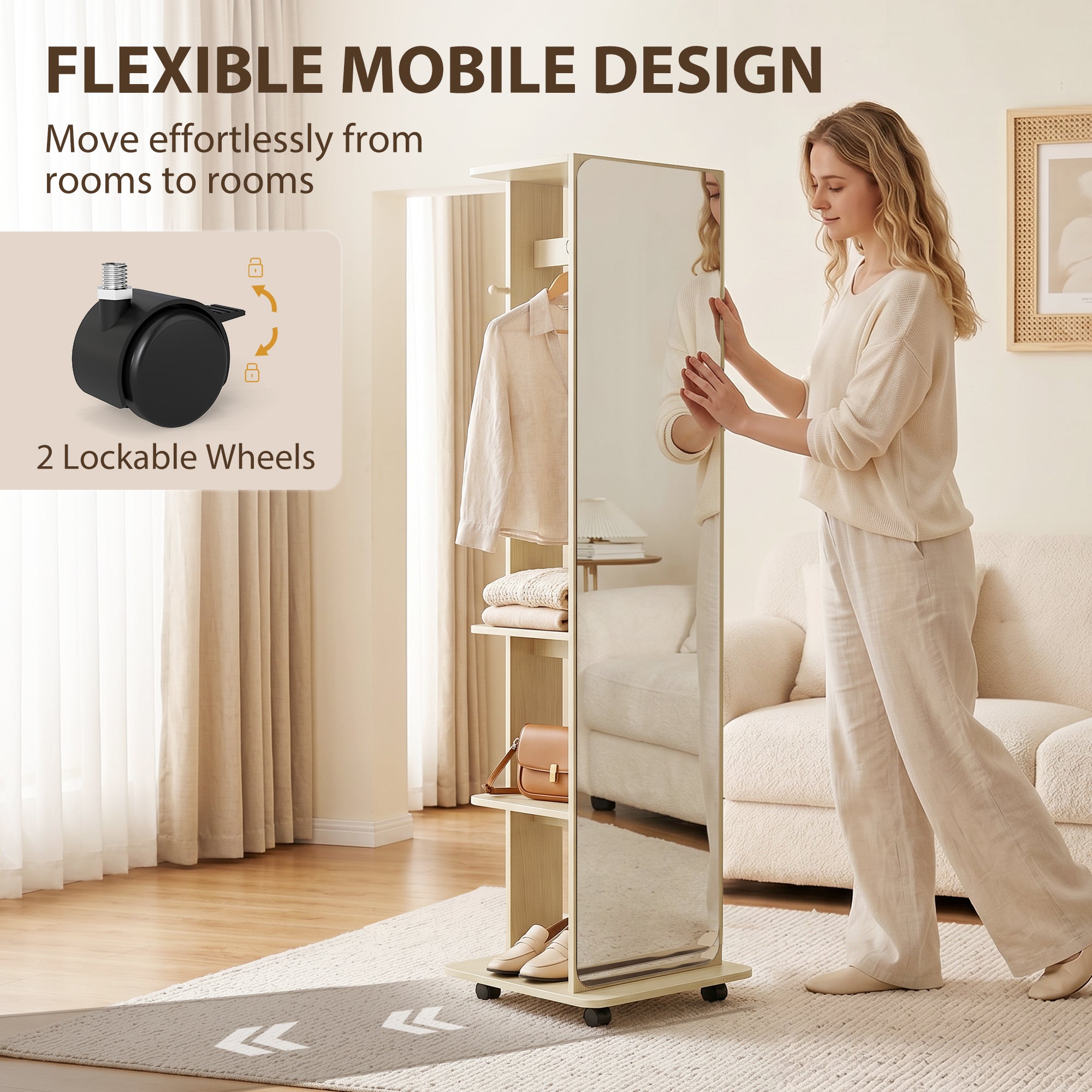 15" x 62" Full Length Mirror, Tempered Glass Floor Mirror on Wheels with Storage Shelves, Coat Hangers, Natural Wood