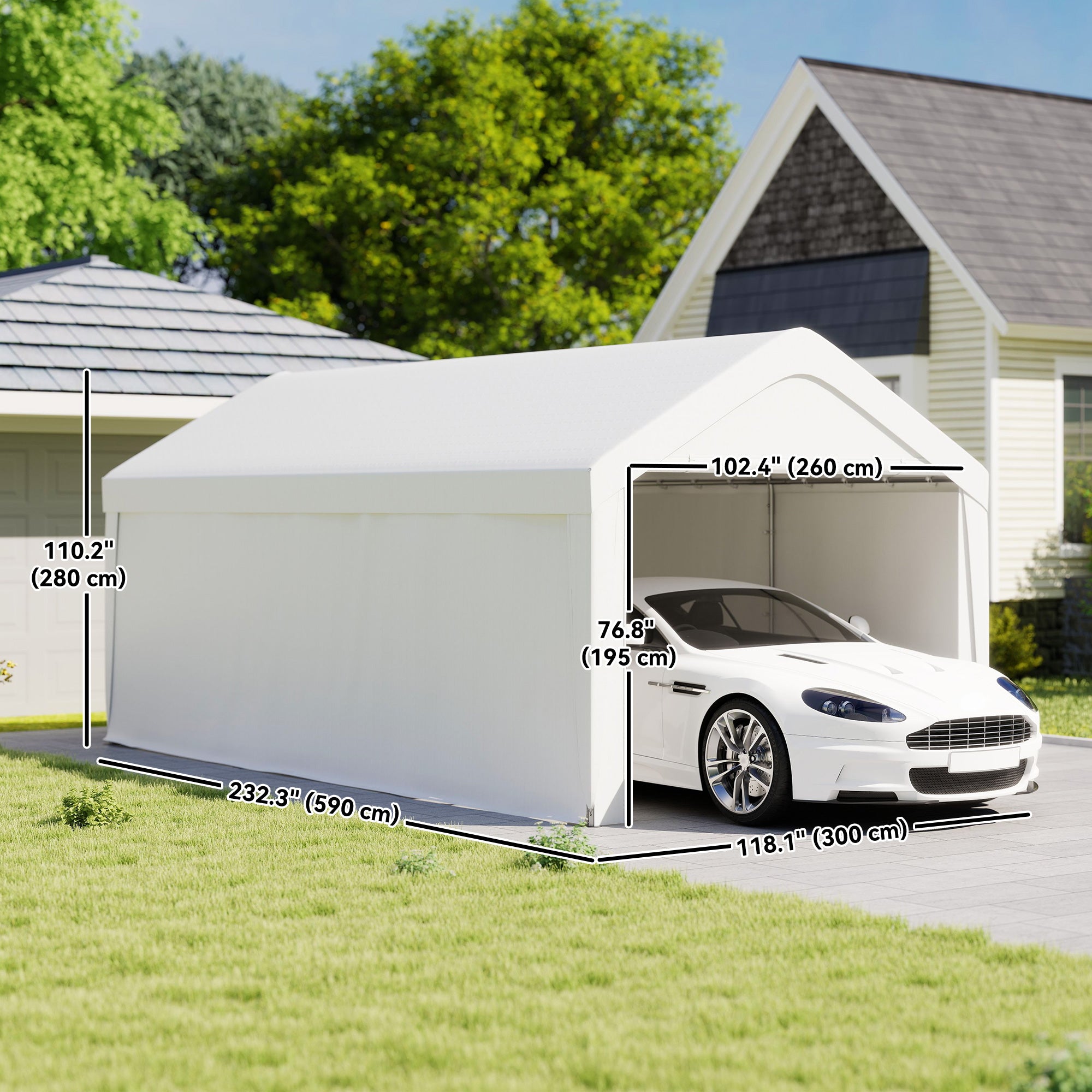 Carport, 10 x 20 ft Portable Garage with 2 Roll-Up Doors and Removable Sidewalls for Car, Truck, Boat, White