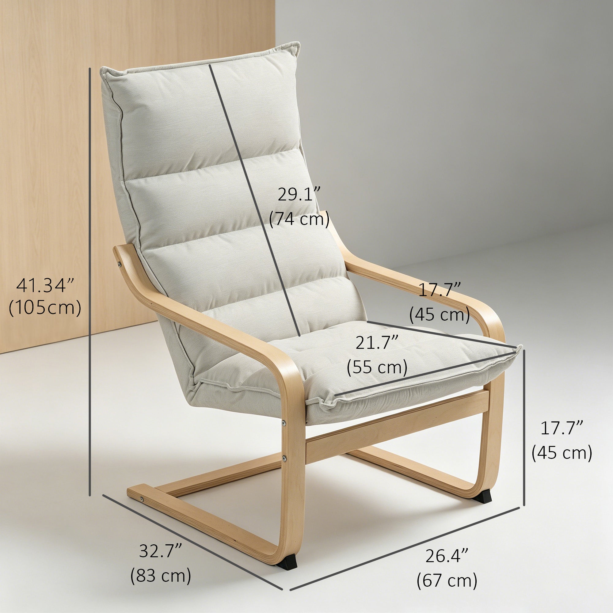 Birch Wood Fabric Modern Armchair, Accent Chair with Curved Leg and Arm for Living Room, Cream White