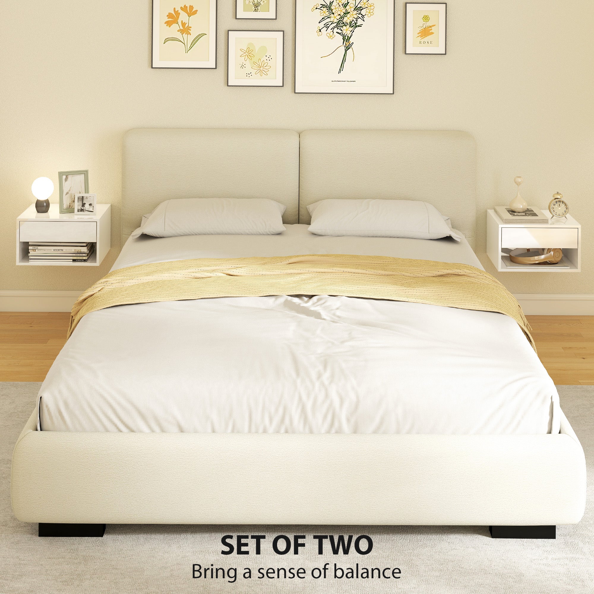 Floating Bedside Tables Set of 2, Wall-Mounted Nightstand, High Gloss White