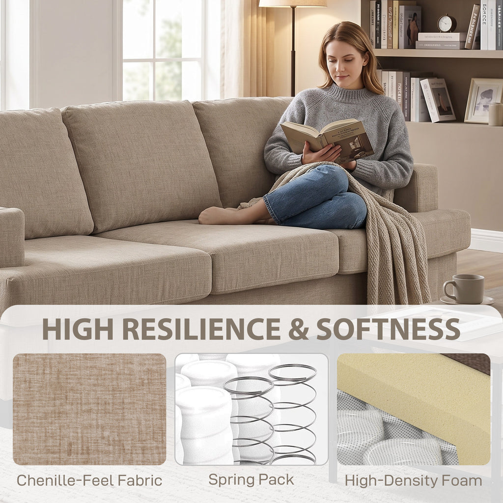 3 Seater Sofa with USB Ports & Cup Holders, Chenille-Feel Upholstered Couch for Living Room, Light Brown