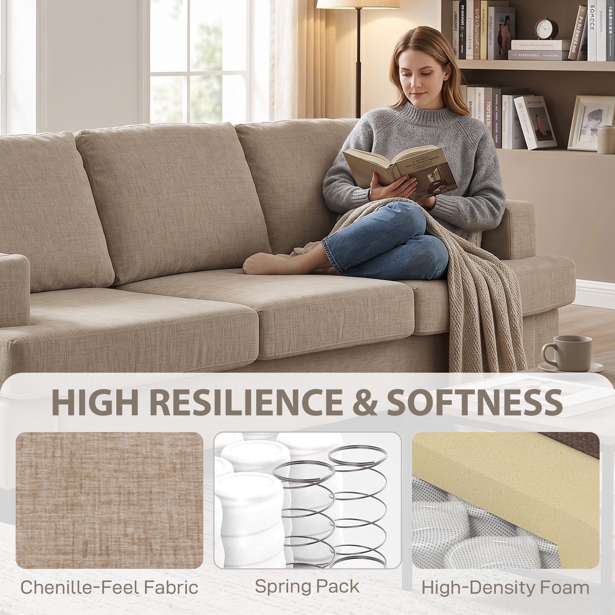 3 Seater Sofa with USB Ports & Cup Holders, Chenille-Feel Upholstered Couch for Living Room, Light Brown