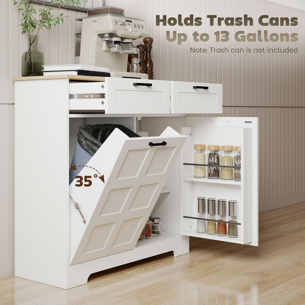 13 Gallon Tilt Out Garbage Cabinet, Kitchen Island with Trash Cabinet, 2 Drawers, Door Racks, Adjustable Shelves, White
