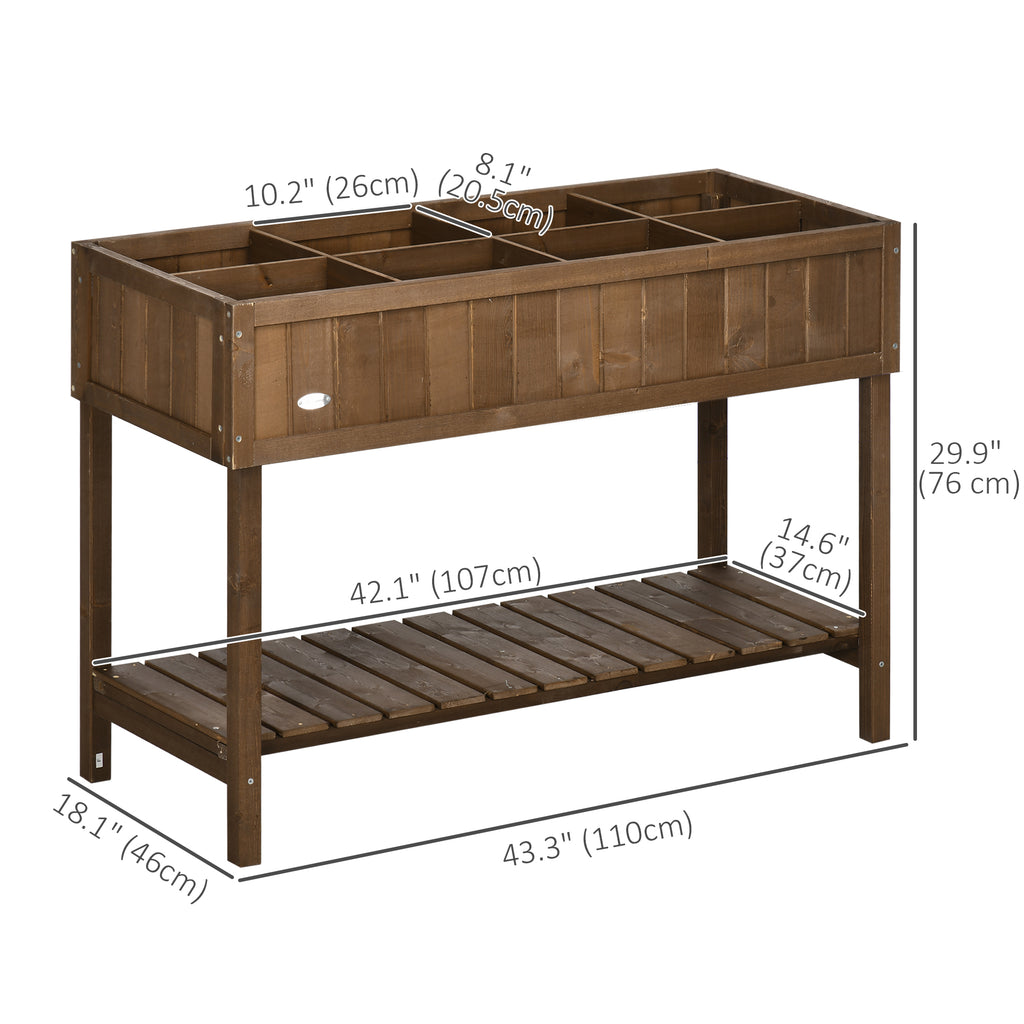 43.25" x 18" x 30" Raised Garden Bed, Wooden Plant Stand with 8 Grid Box, Storage Shelf for Outdoor, Dark Brown