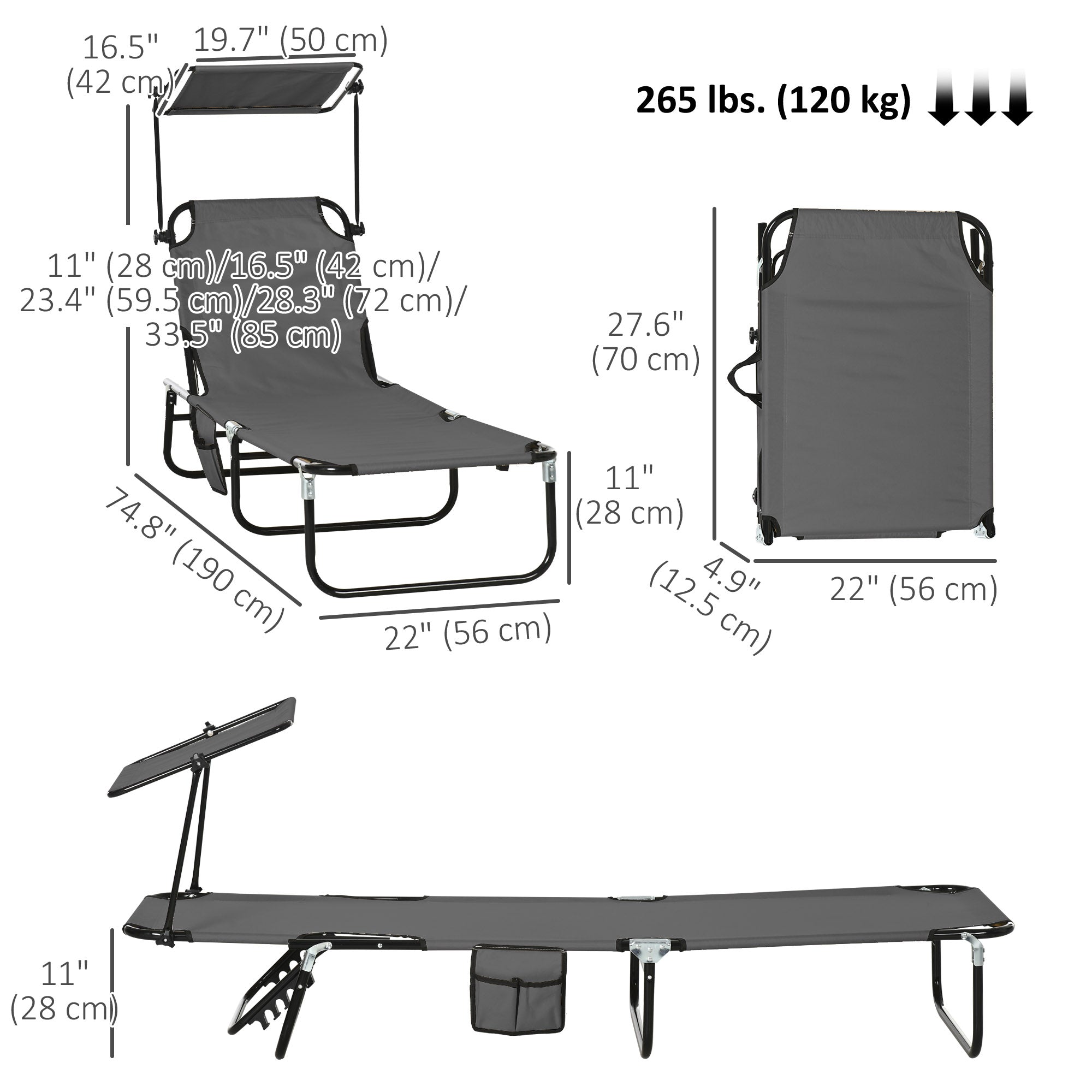 2 Piece Folding Outdoor Chaise Lounges, Pool Tanning Chairs with Reclining Back, Sunshade for Beach, Patio, Dark Grey