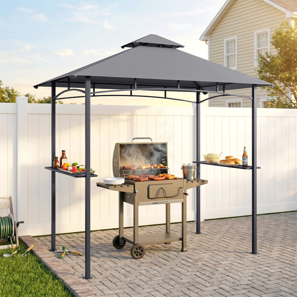 8' x 5' BBQ Grill Gazebo Tent with Double Tiered Canopy for Outdoor Sun Shade, Grey