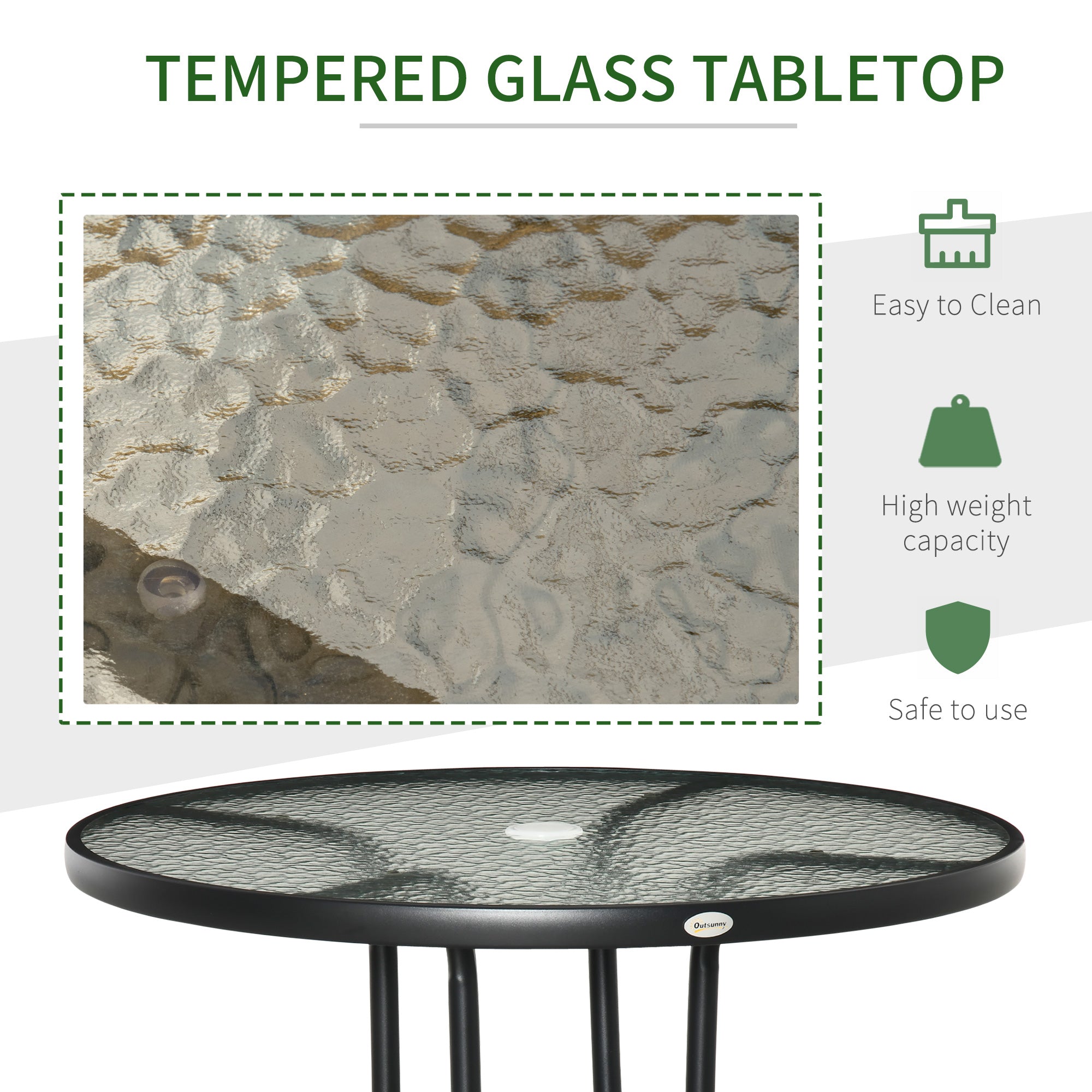 31.5" Round Outdoor Dining Table Coffee Side Bistro Table with Umbrella Hole, Glass Top, Steel Frame for Garden, Patio