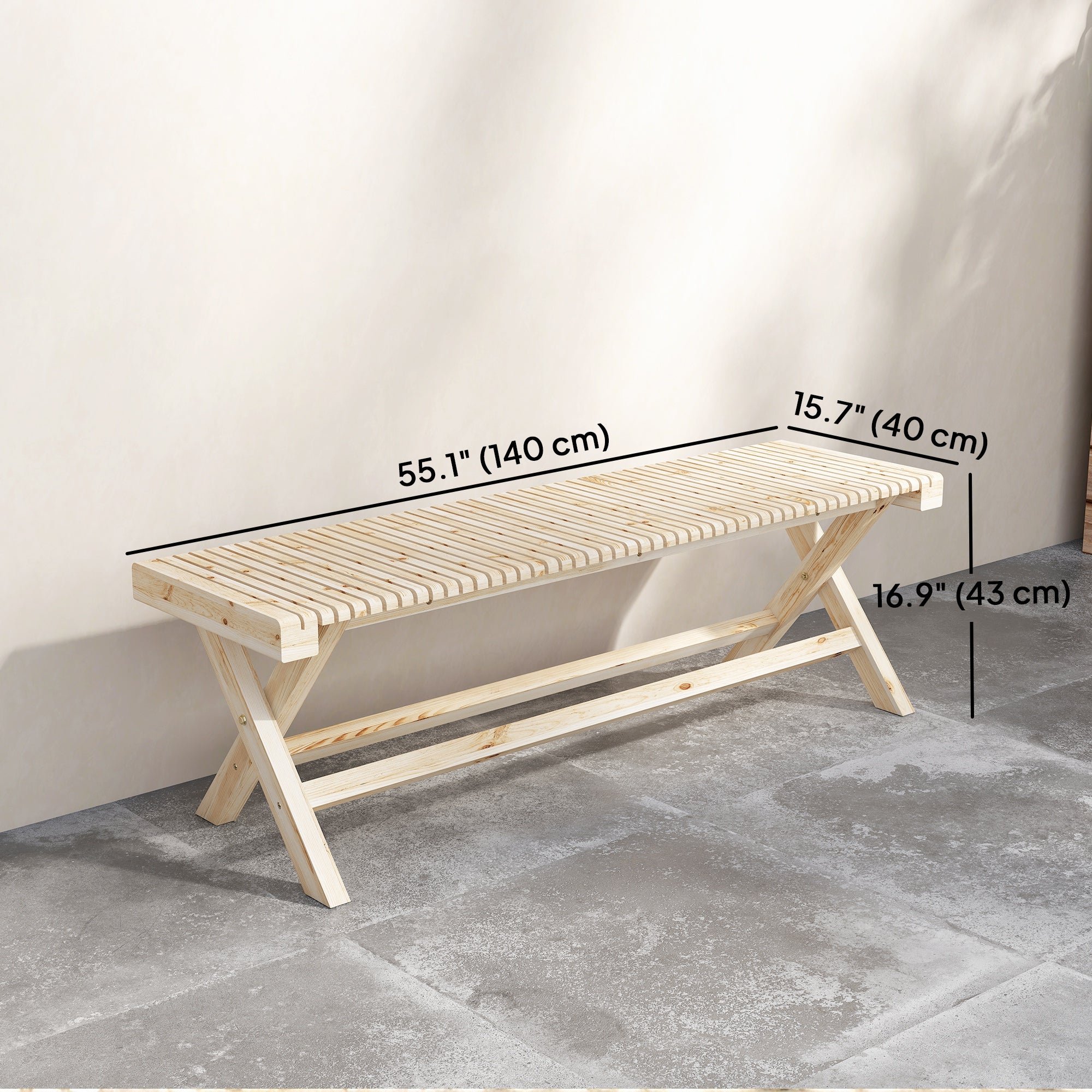 55.1" Garden Bench 2-Seater Outdoor Bench with Slatted Seat for Patio Porch, Natural Wood Finish
