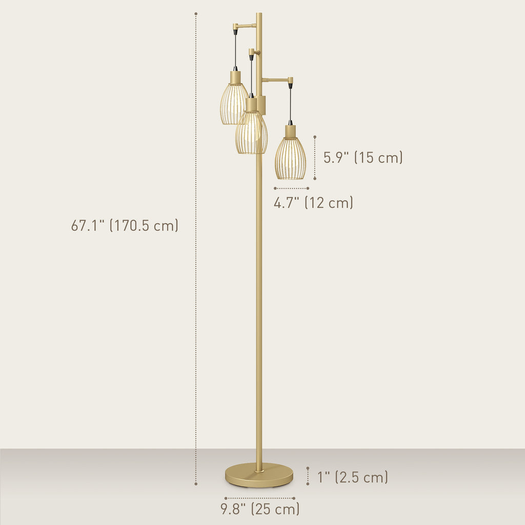 Industrial Floor Lamp with 3 Hanging Wire Lampshades, Dimmable Standing Lamp for Living Room, Gold