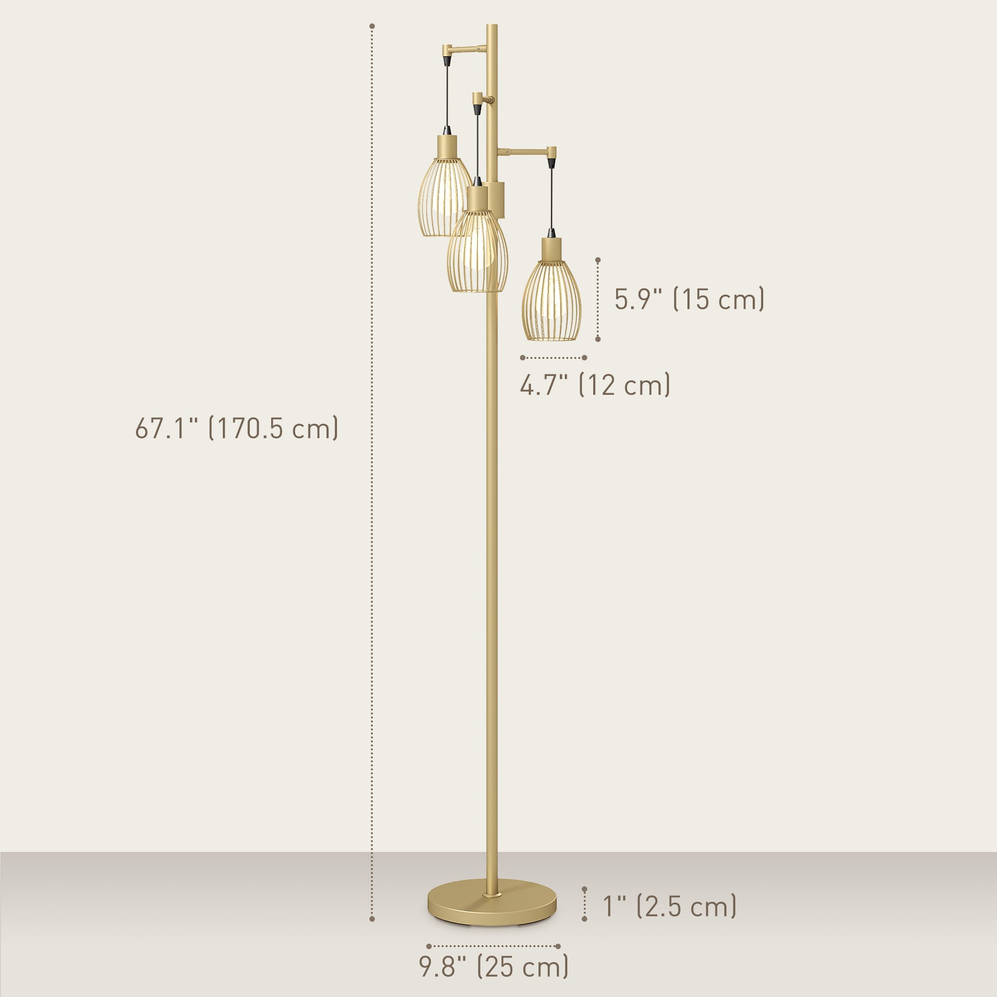 Industrial Floor Lamp with 3 Hanging Wire Lampshades, Dimmable Standing Lamp for Living Room, Gold