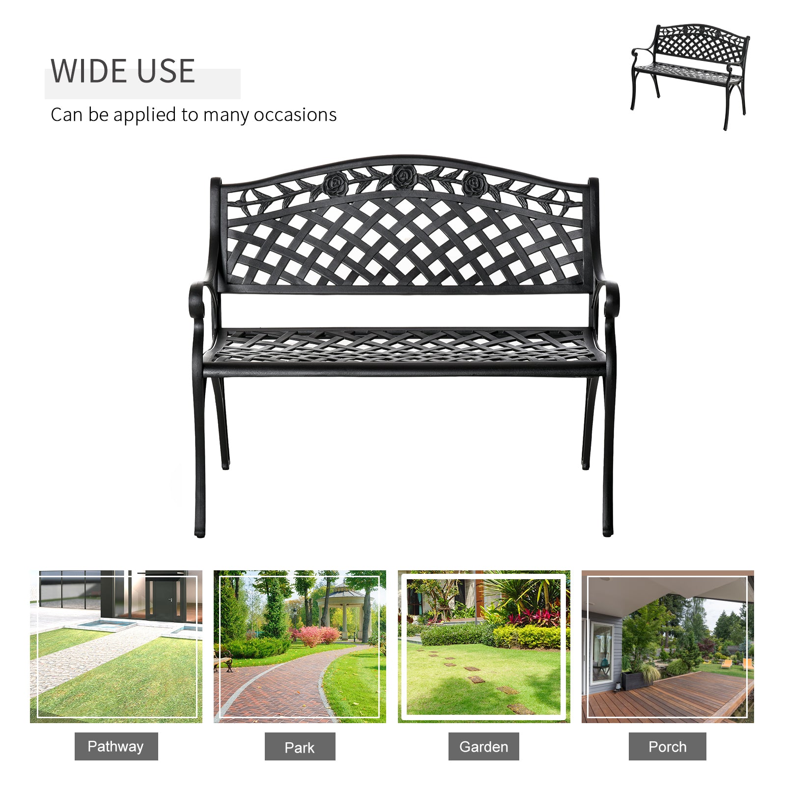 Outdoor Garden Bench, 40" Patio Bench with Aluminum Frame and Armrests, 2-Person Patio Loveseat with Floral Pattern for Park, Porch, Yard, Lawn, 485 LBS Capacity