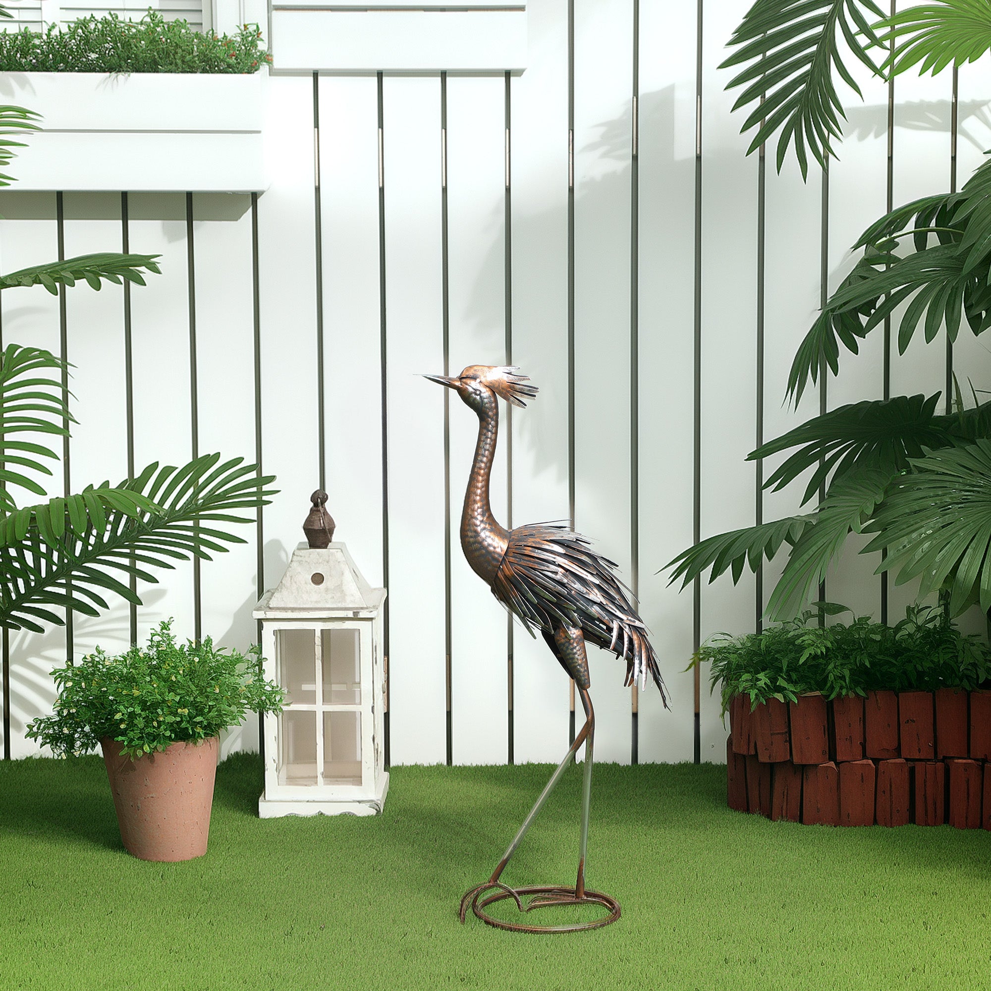 Garden Statue Heron Standing Lawn Sculpture Statue Ornament with Stakes for Lawn 12.2"W x 7.1"D x 28"H Silver Tone