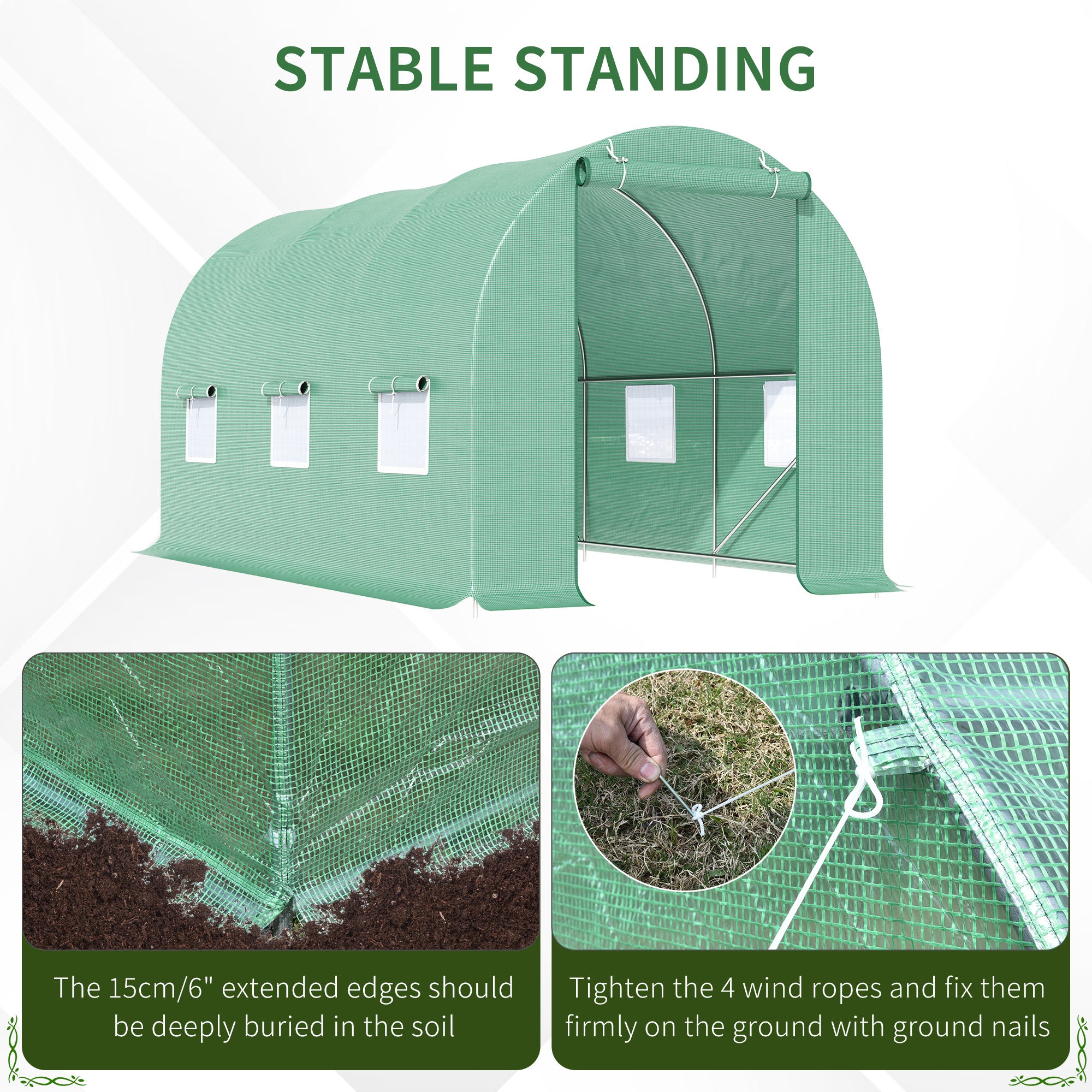 15' x 6.6' x 6.6' Walk-in Tunnel Greenhouse Garden Plant Seed Growing Warm House Outdoor Hot House w/ Roll Up Door, Windows, PE Cover Green