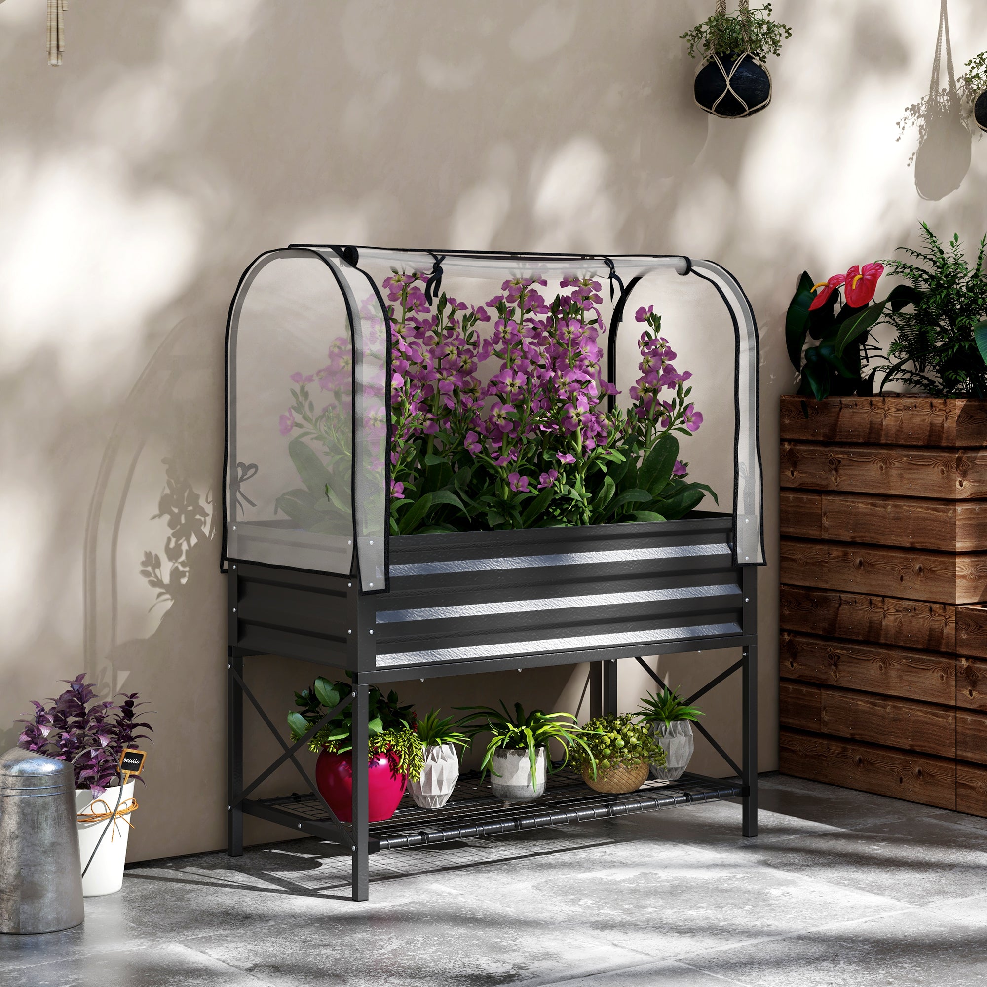 Raised Garden Bed with Cover, Metal Elevated Planter Box with Bottom Shelf and Liner, Black