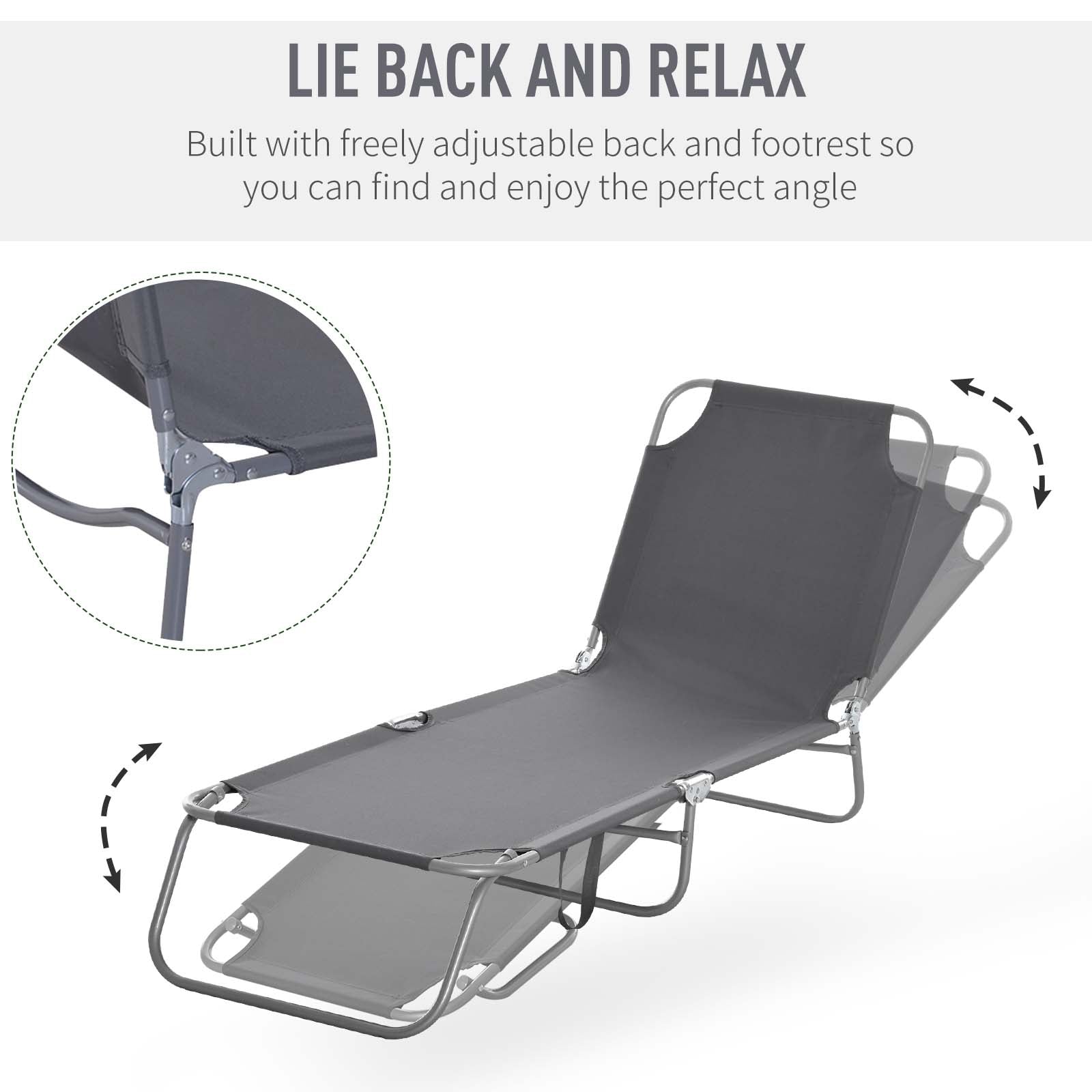 Folding Outdoor Lounge Chair, Portable Reclining Beach Lounger with Breathable Mesh Fabric, Sun Lounge Bed Camping Cot for Patio, Garden, Poolside, Grey
