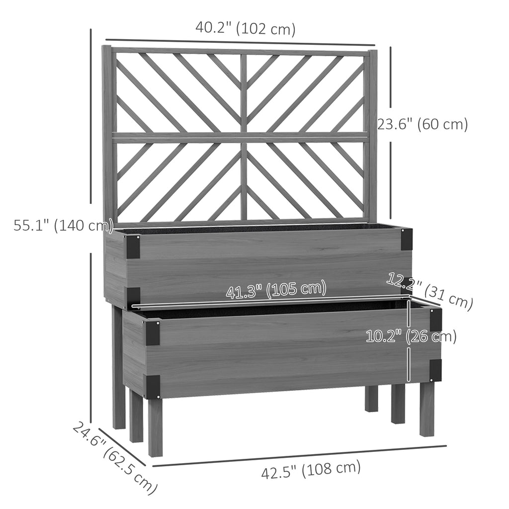 Raised Garden Bed with Trellis, 2 Tier Wooden Elevated Planter Box  for Vegetables, Flowers, Herbs, Grey