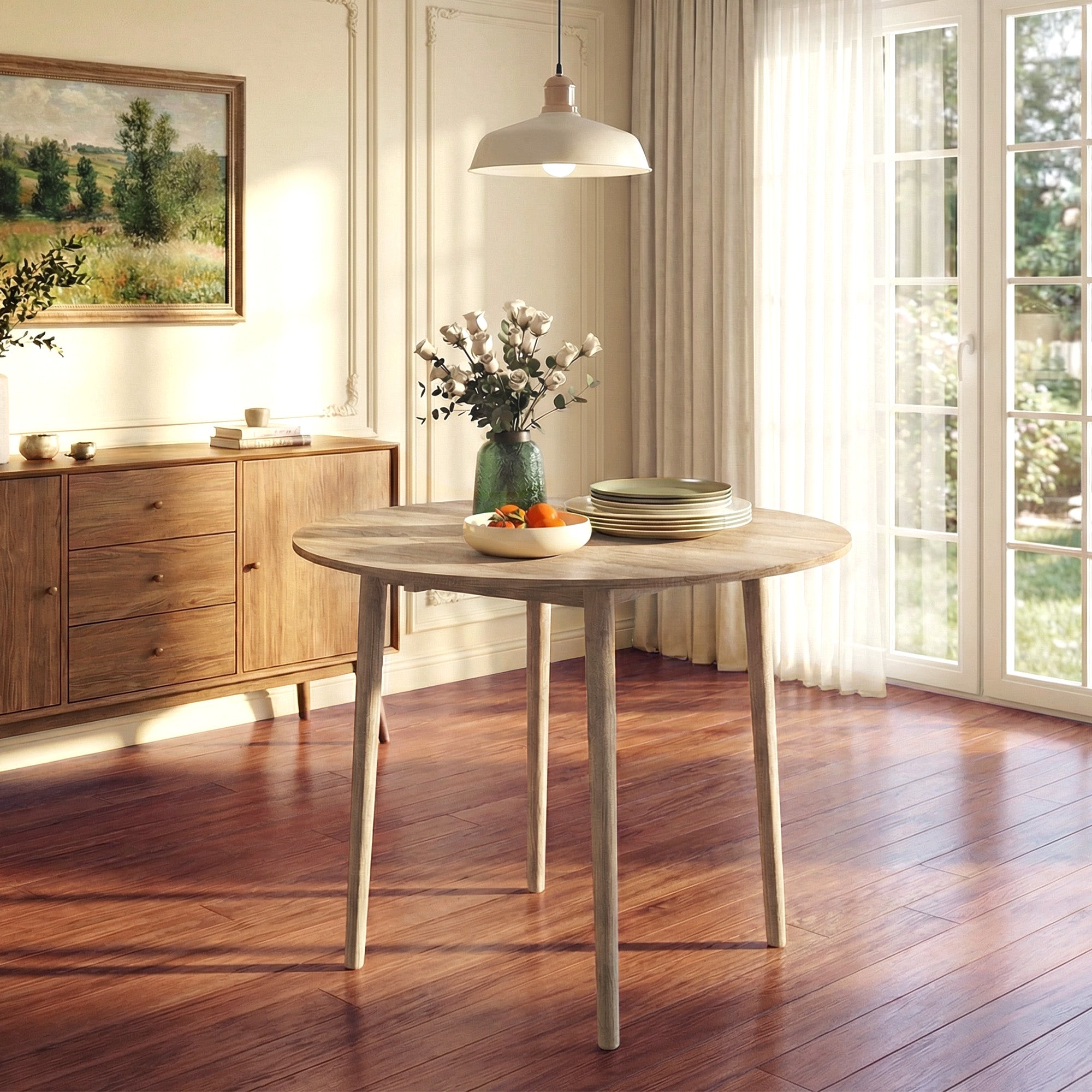 Folding Dining Table, Round Drop Leaf Kitchen Table for Small Spaces with Wood Legs, Oak