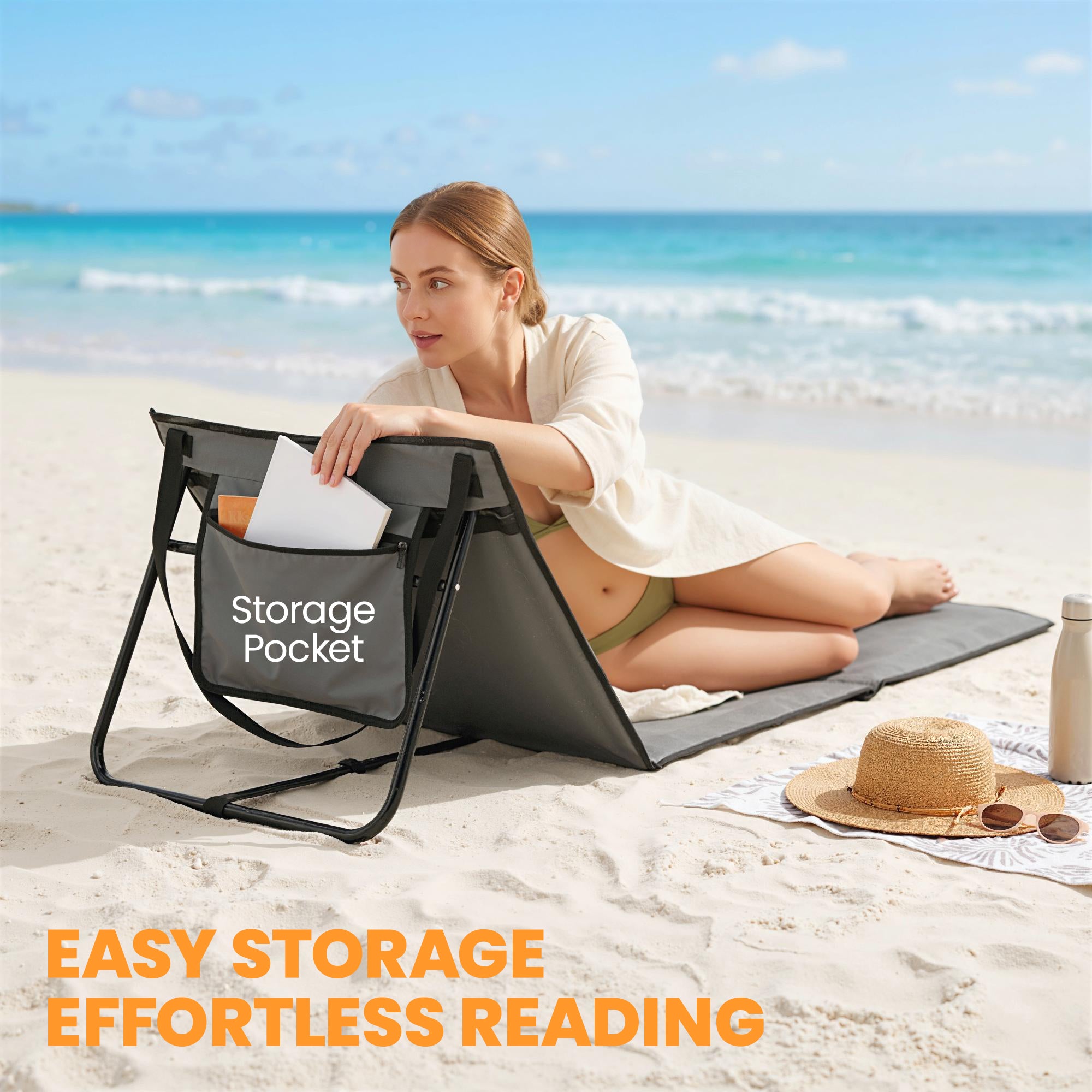 Set of 2 Foldable Lounge Chairs with Carry Strap, Adjustable Backrest, Grey