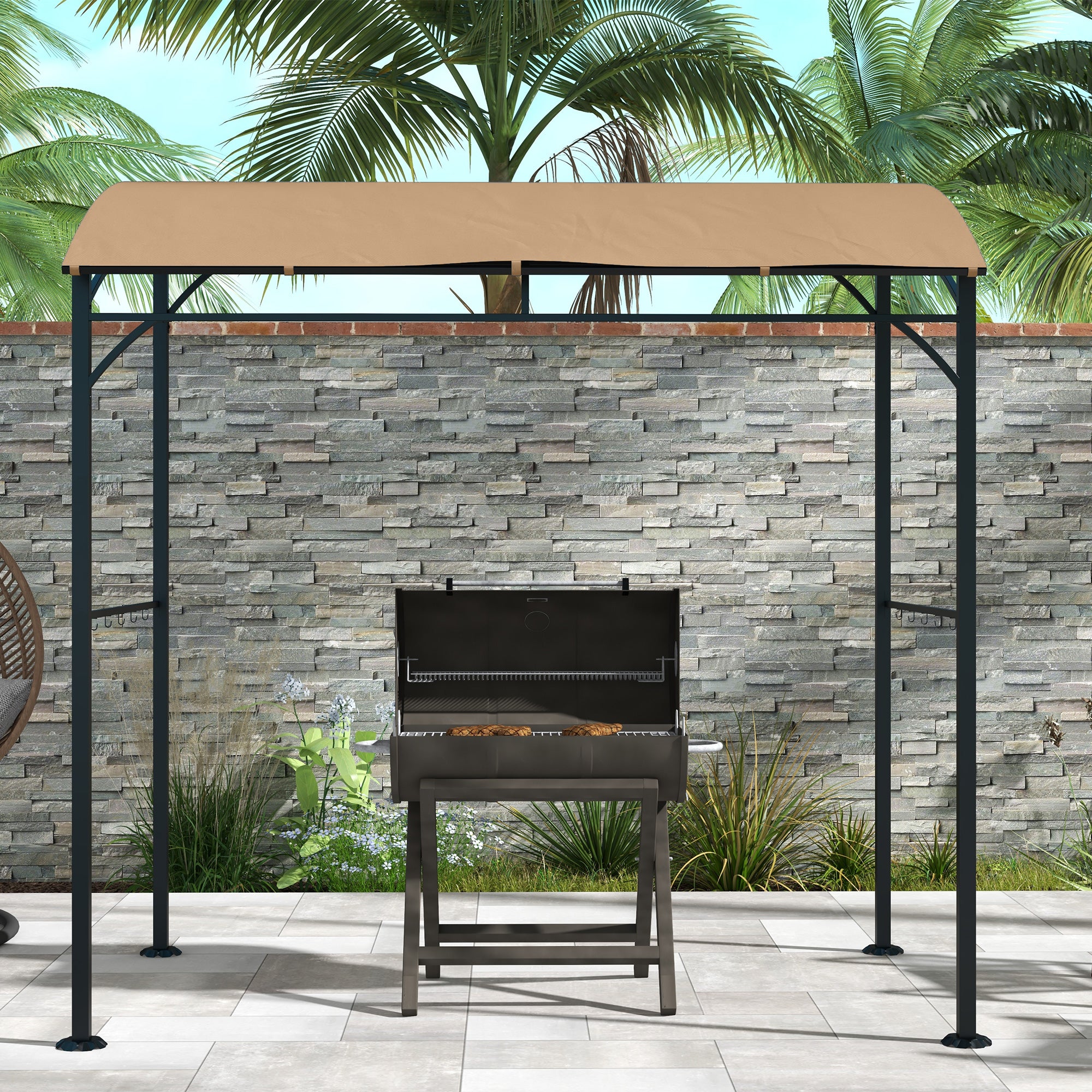 7' x 5' Garden Grill Canopy, BBQ Grill Gazebo Tent with Steel Frame and Hooks, Outdoor Sun Shade, Dark Brown