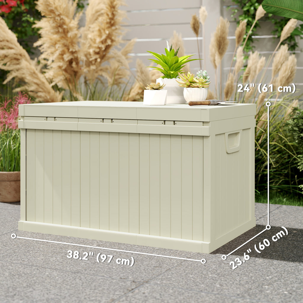 70 Gallon Deck Box, Resin Outdoor Storage Box with Handles, Waterproof Storage Container for Garden Tools, Sand