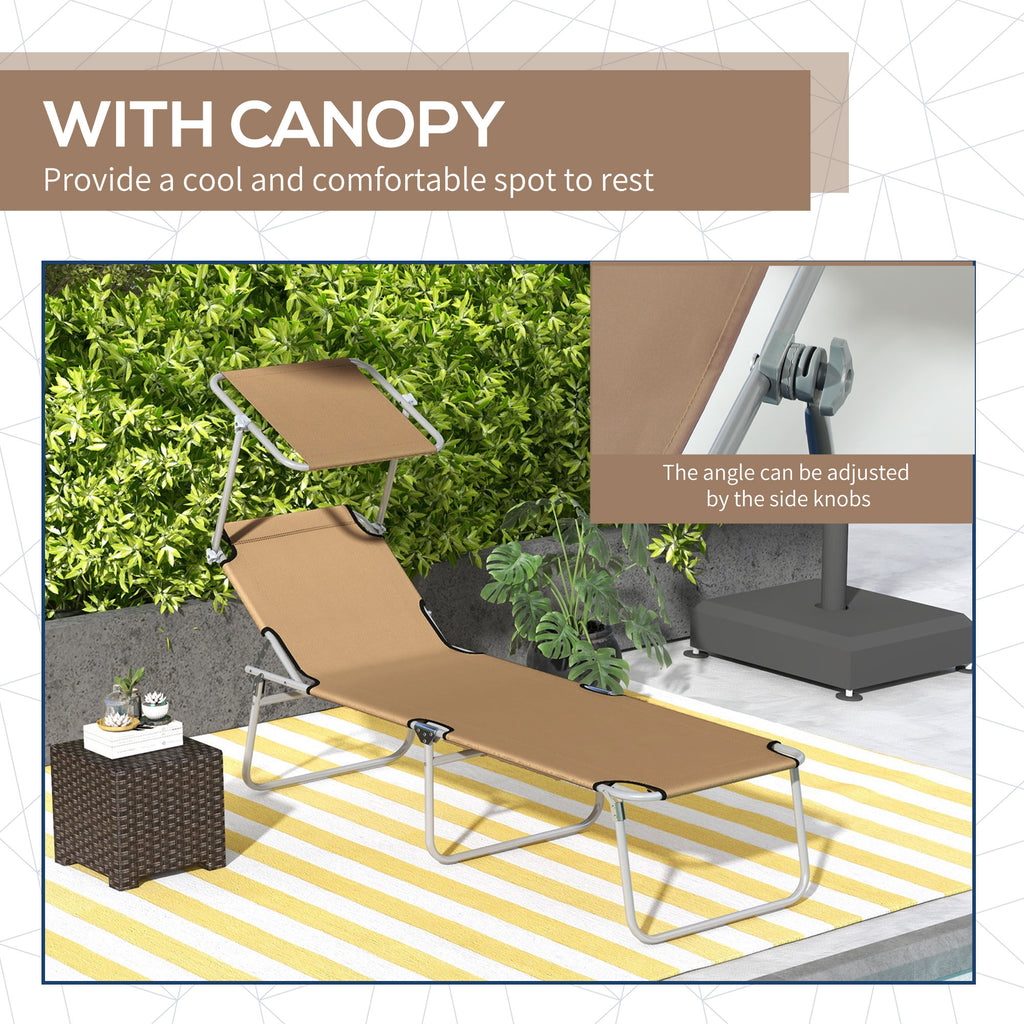 Outdoor Lounge Chair, Adjustable Folding Chaise Lounge with Sun Shade for Beach, Camping, Hiking, Brown