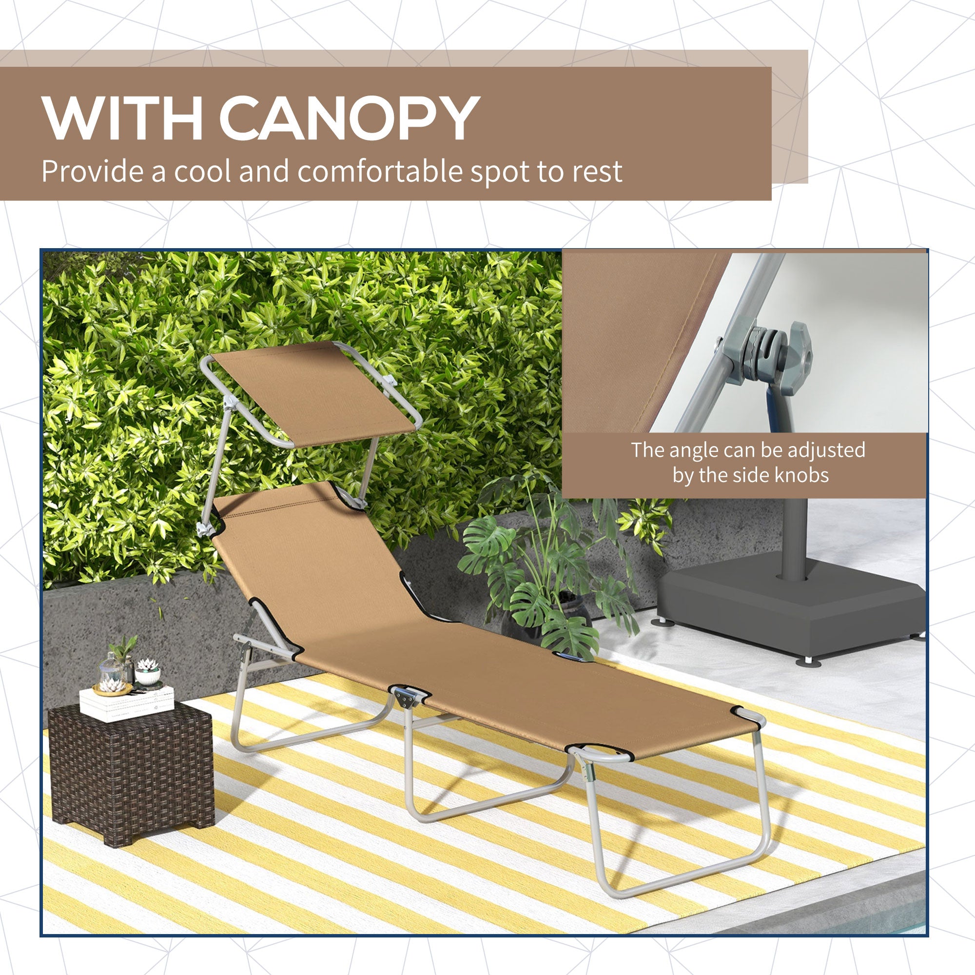 Outdoor Lounge Chair, Adjustable Folding Chaise Lounge with Sun Shade for Beach, Camping, Hiking, Brown