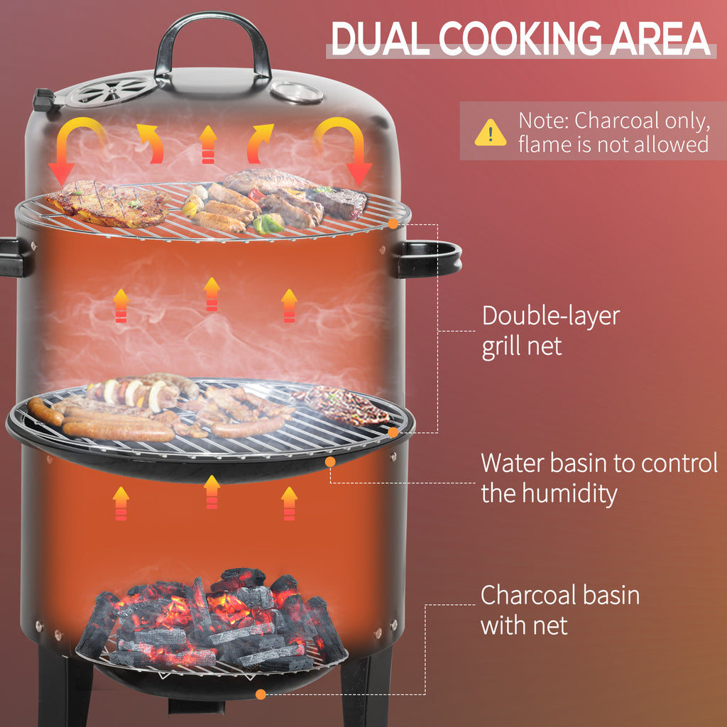 3-in-1 Vertical Charcoal BBQ Smoker, 16" Round Barbecue Grill with 2 Cooking Areas and Thermometer, Black