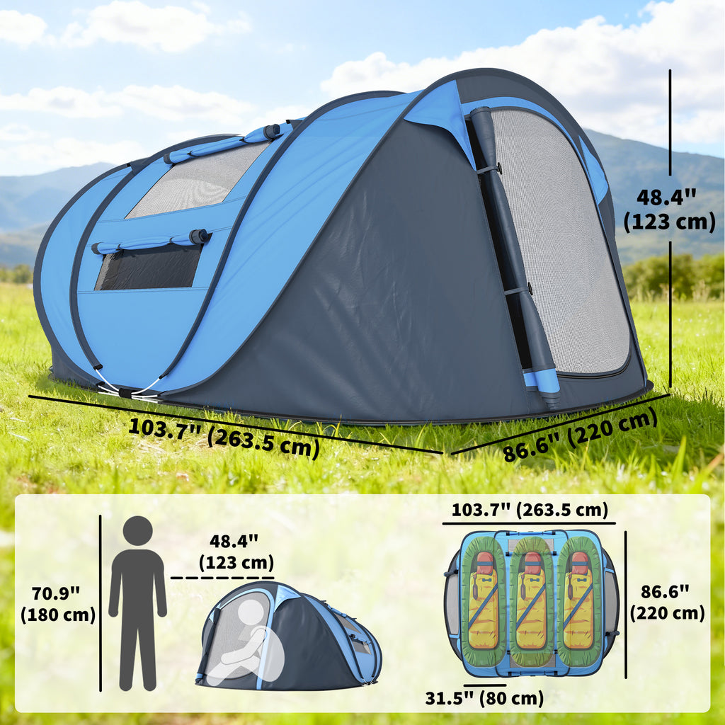 4 Person Camping Tent, Easy Pop Up Tent with Doors, Windows and Carry Bag, Automatic Setup Tent for Hiking, Blue