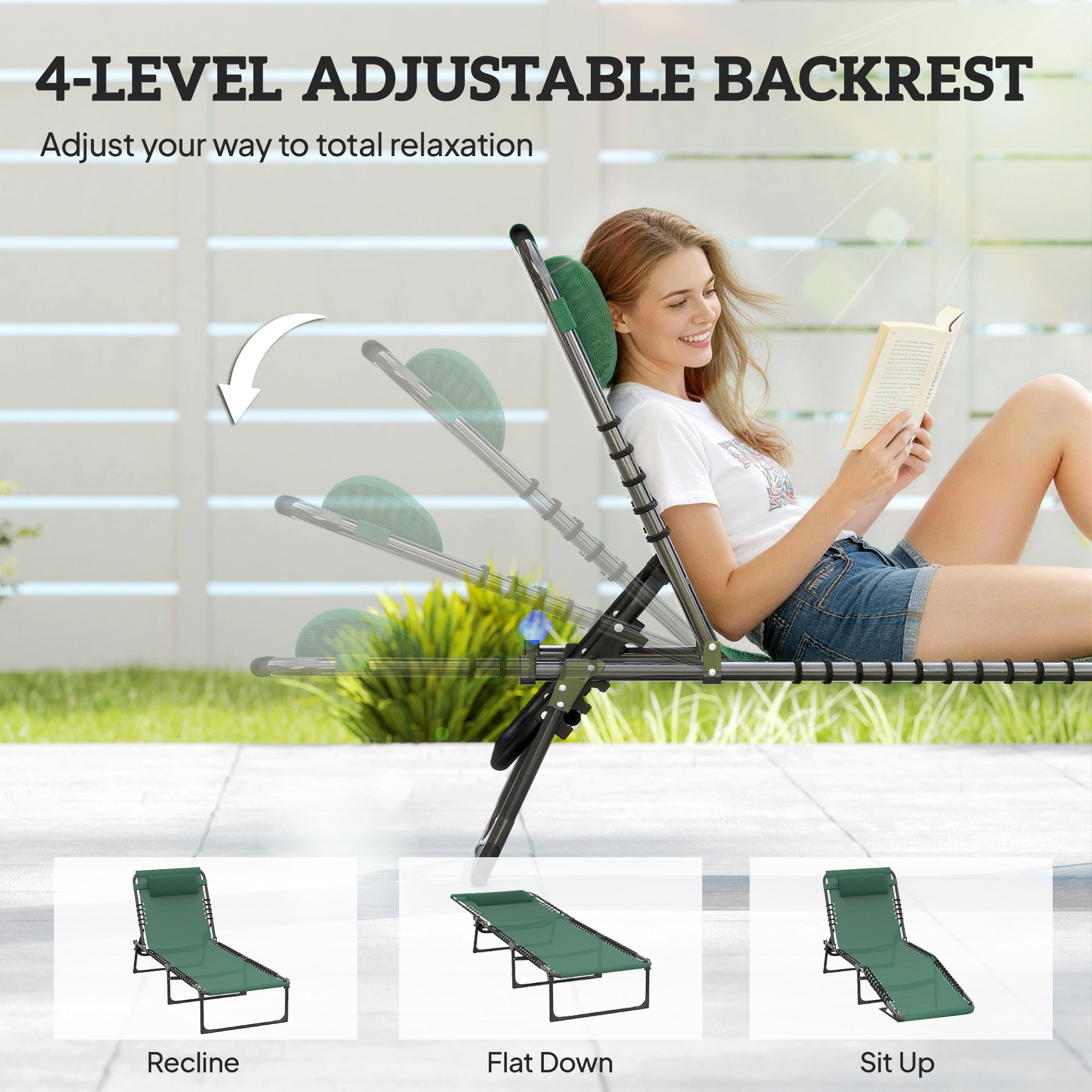 Folding Lounge Chair, Adjustable Chaise Lounge with Headrest, Reclining Lounger Cot for Camping, Hiking, Green