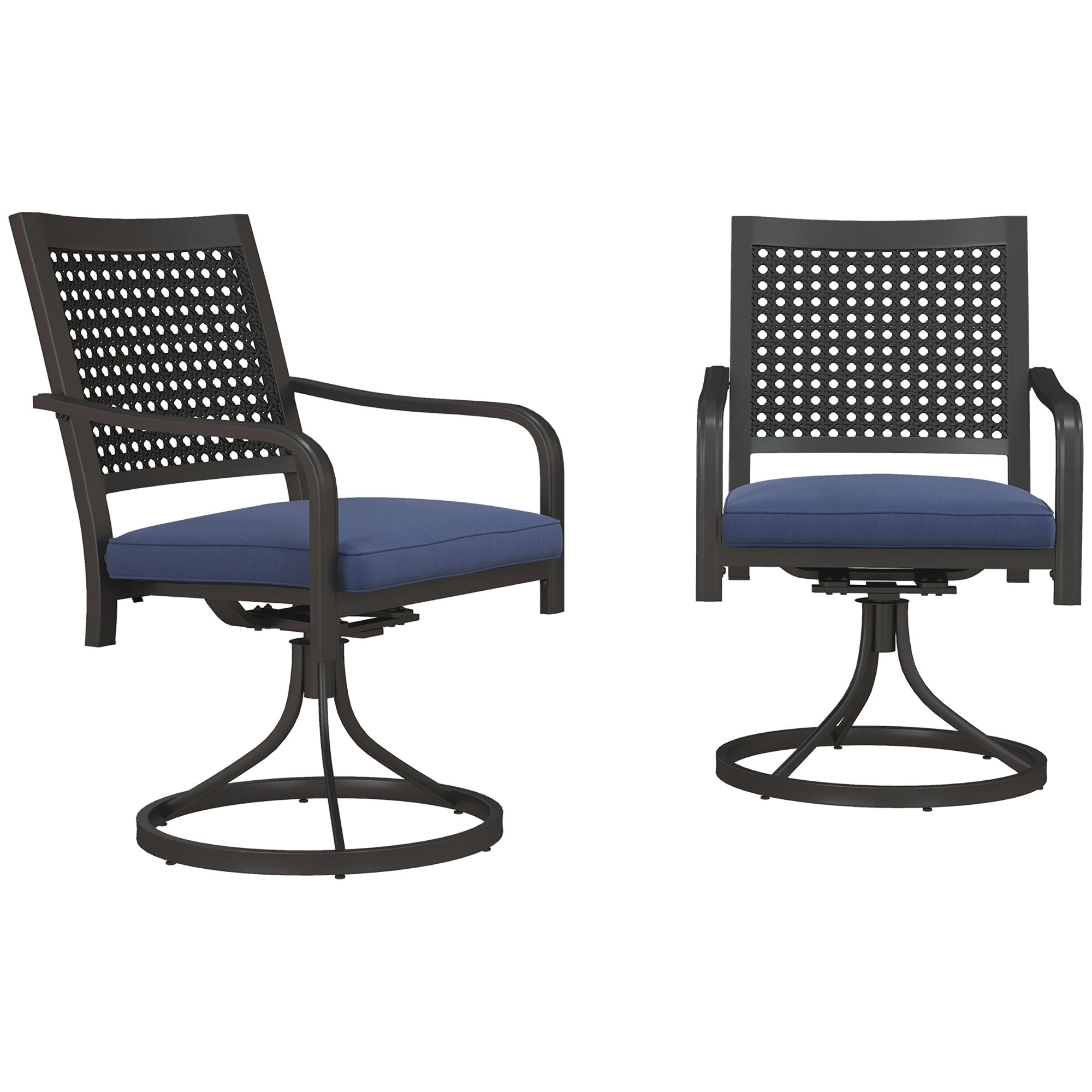 2 Pieces Patio Swivel Chairs with Cushion, Outdoor Swivel Rocker with Curved Armrests, Backrest for Garden, Balcony, Porch, Navy Blue