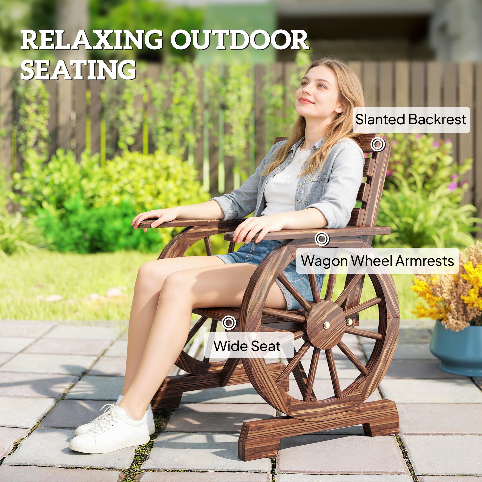 Wood Outdoor Patio Chair, Lounge Chair with Wagon Wheel Armrests, Slatted Wide Seat, Slanted Backrest, Carbonized