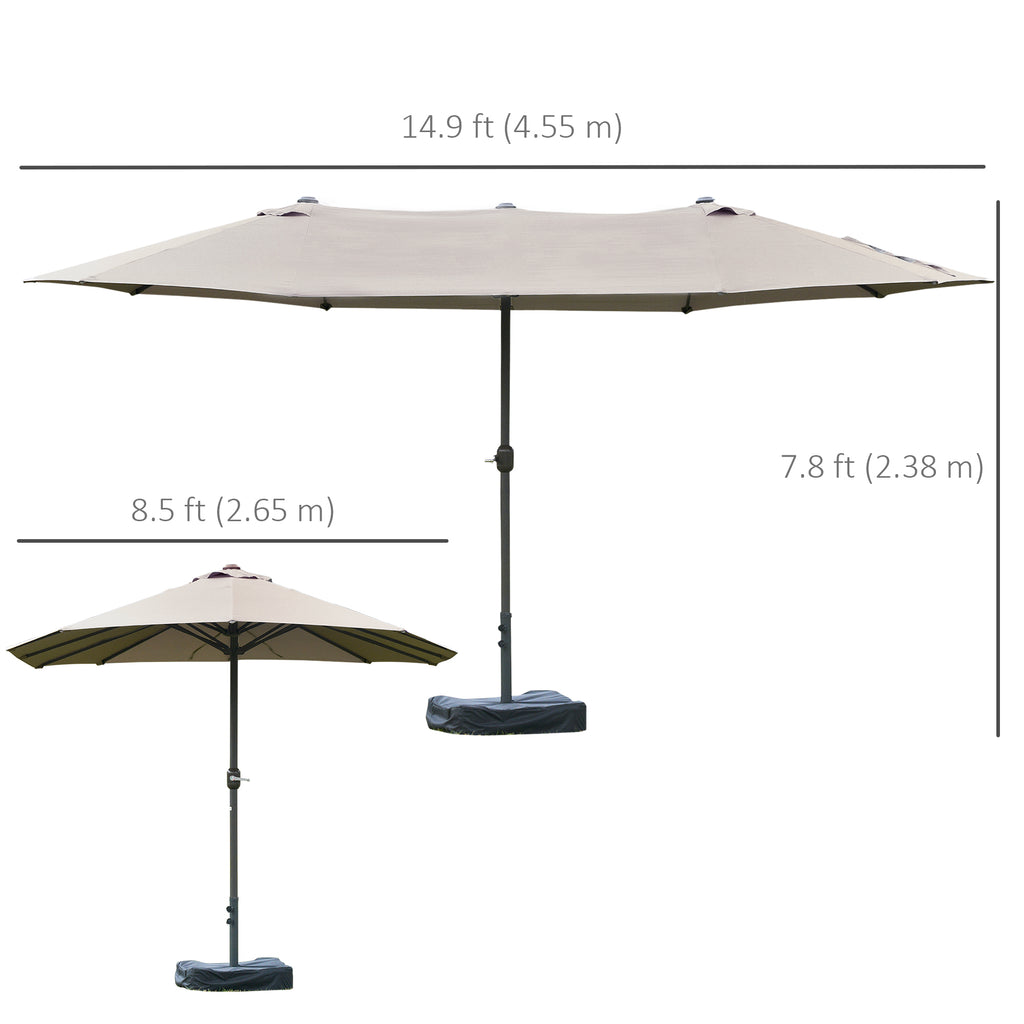 15' Outdoor Patio Umbrella with Twin Canopy Sunshade Steel Table Umbrella w/ Lift Crank, Cross base, Sandbag, Light Grey