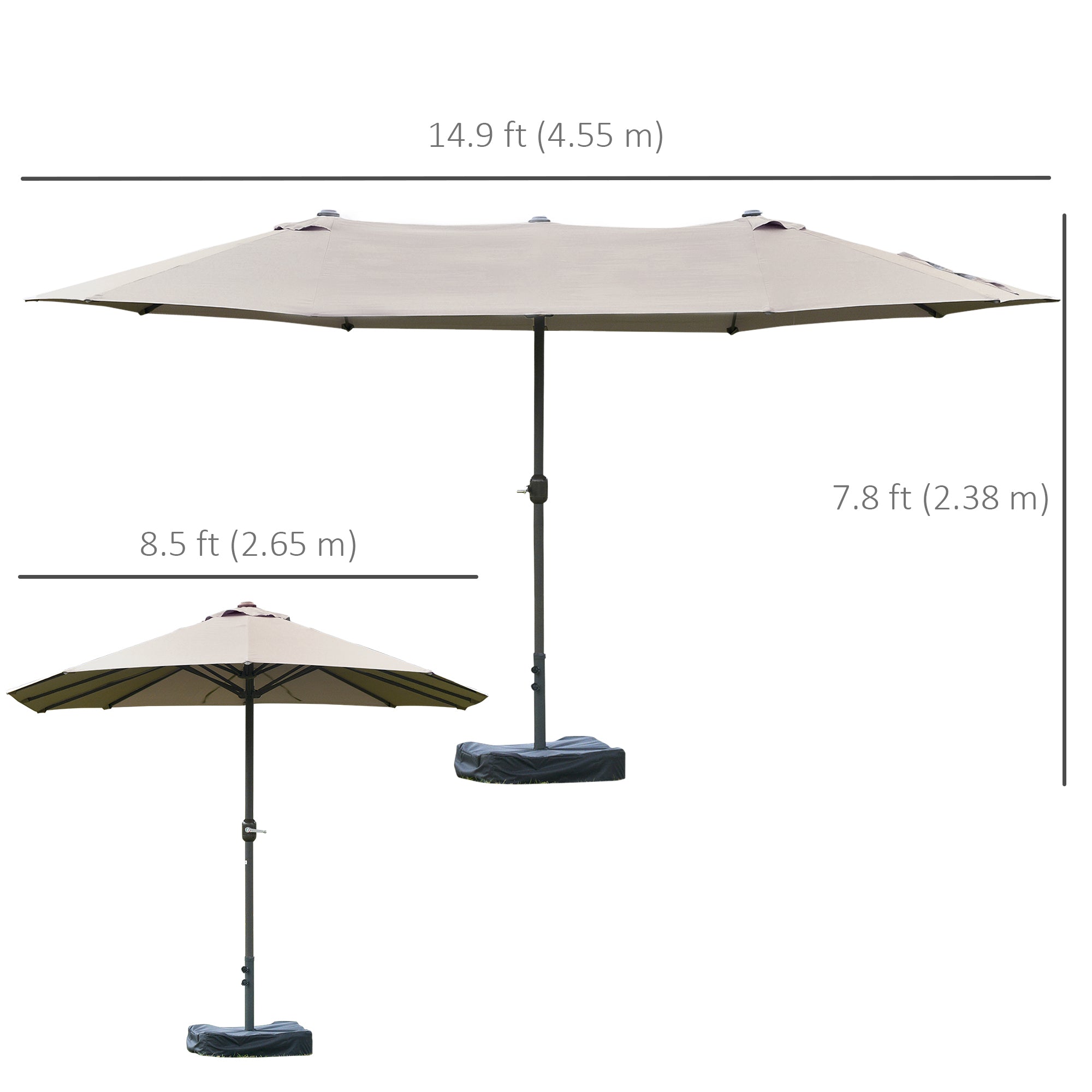 15' Outdoor Patio Umbrella with Twin Canopy Sunshade Steel Table Umbrella w/ Lift Crank, Cross base, Sandbag, Light Grey