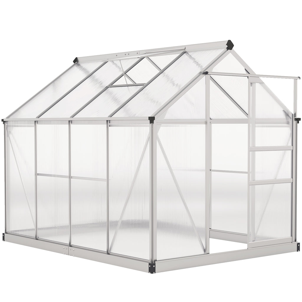 6' x 8' x 6.6' Polycarbonate Greenhouse, Walk-In Green House Kit Garden, Plants Grow, Galvanized Sheet Aluminum Frame with Rain Gutter, Vent and Sliding Door, Silver