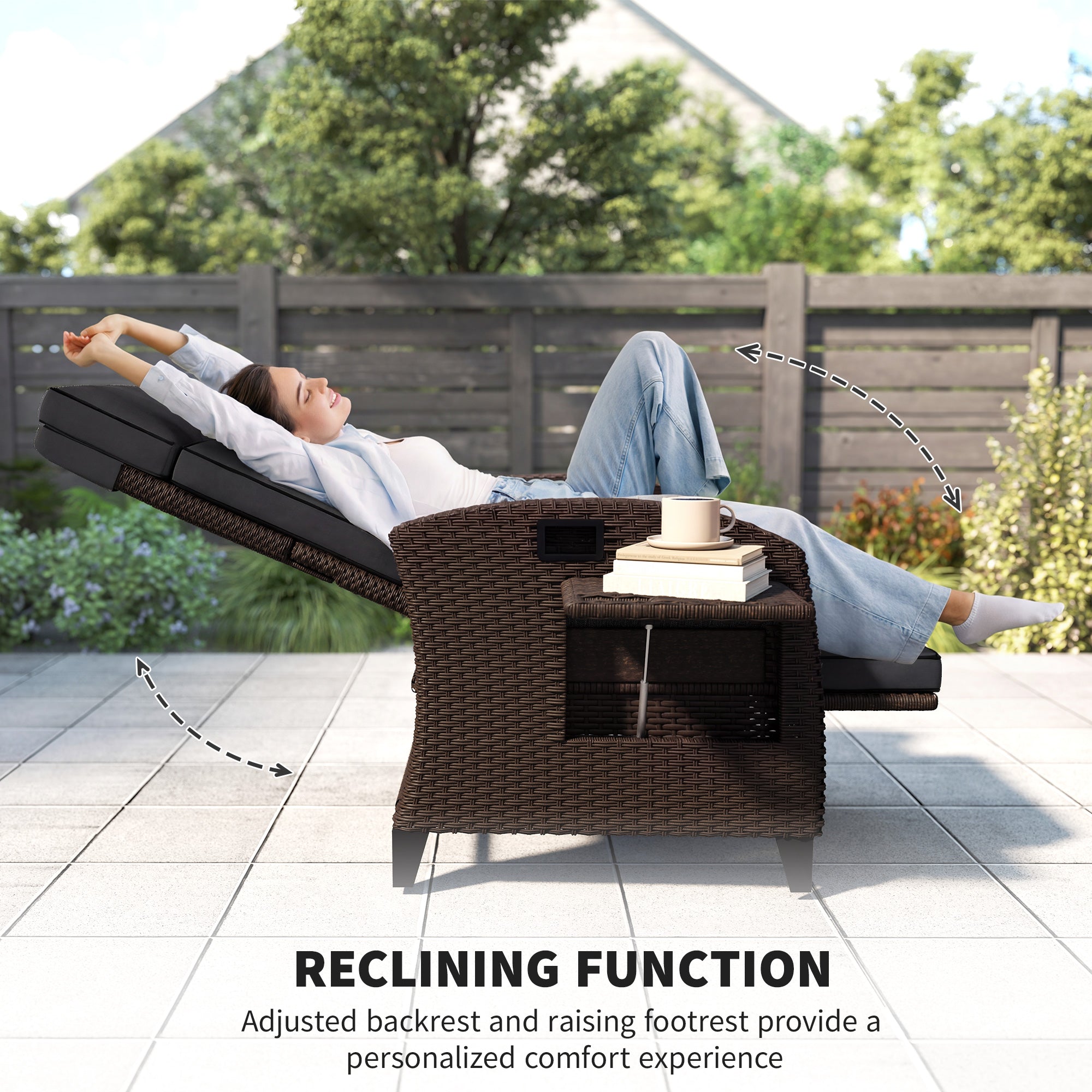 Outdoor Recliner Chair with Adjustable Backrest, Cushion, Side Tray, Black