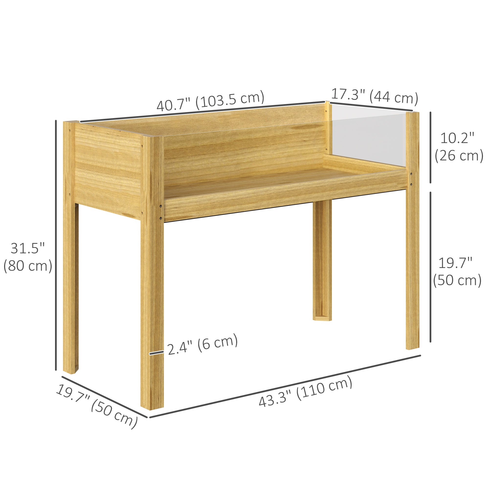Wooden Raised Garden Bed with Acrylic Panels, Raised Planter Box with Drainage Holes, 43.3" x 19.7" x 31.5"