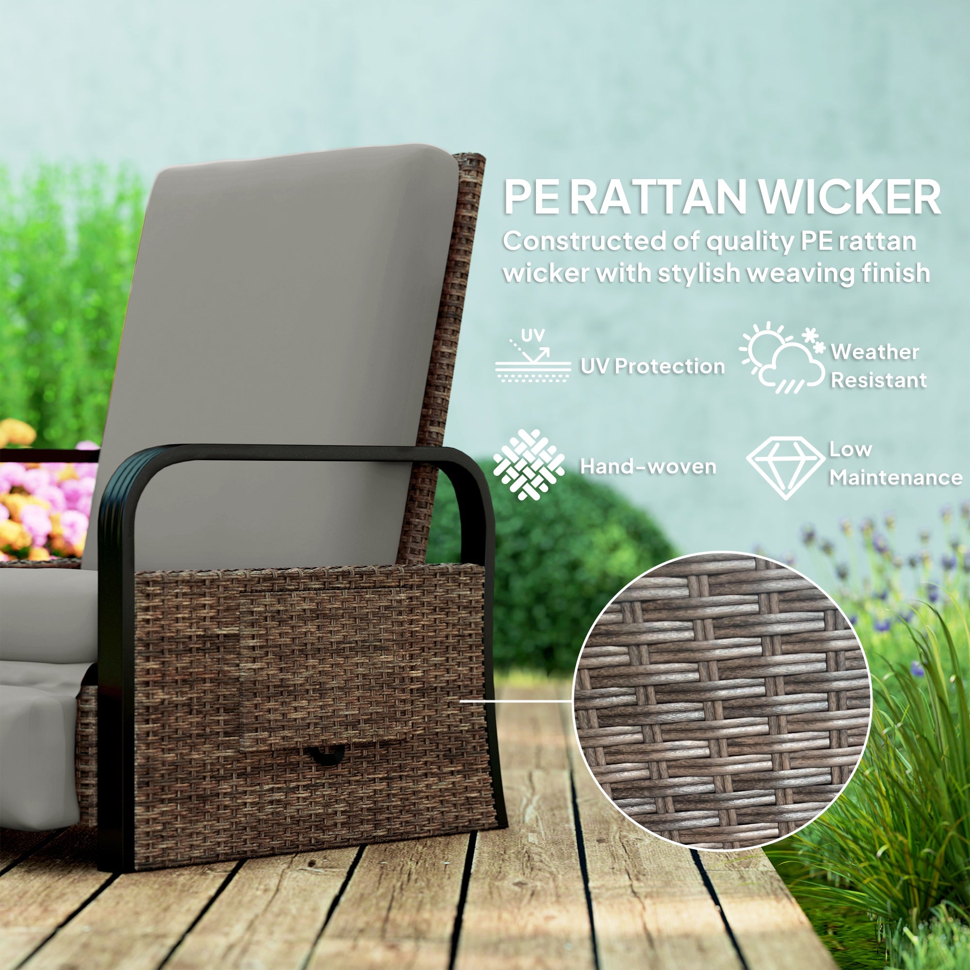 Wicker Outdoor Recliner Chair, Reclining Lounge Chair with Adjustable Backrest, Footrest and Side Tray, Light Grey