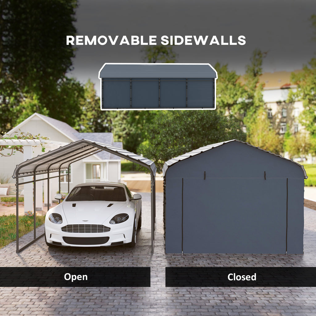 12' x 20' Metal Carport, Heavy Duty Garage Car Shelter with Galvanized Metal Roof and Removable Sidewalls, Dark Grey