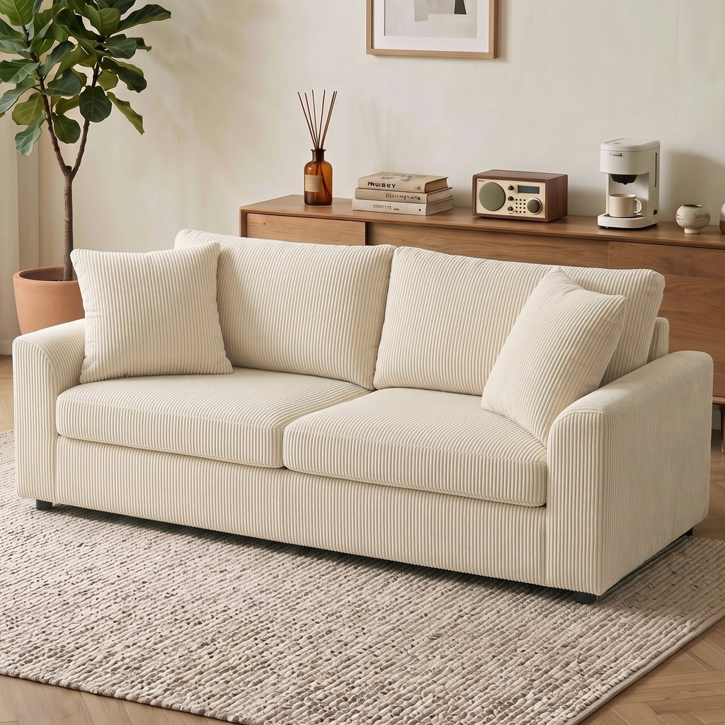 3 Seater Sofa, 83.5" Modern Upholstered Couch with Pocket Spring and 2 Scatter Cushions for Living Room, Cream White