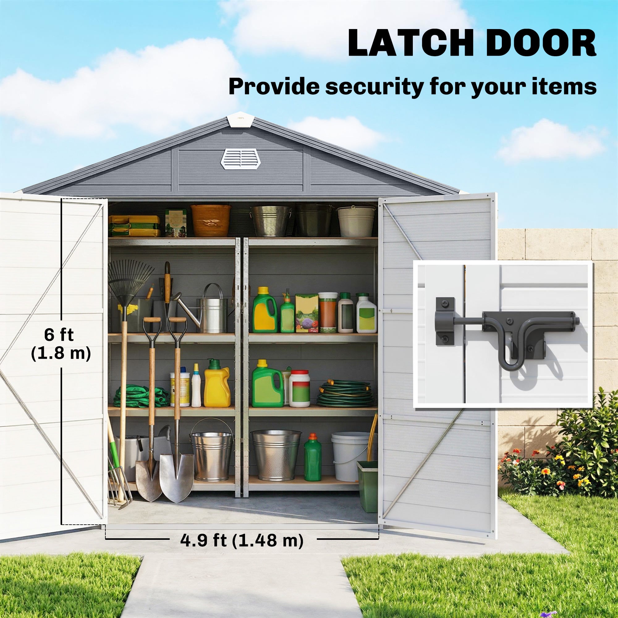 8' x 6' PP Garden Storage Shed with Latch Door, Vents, Window, Sloped Roof, Dark Grey